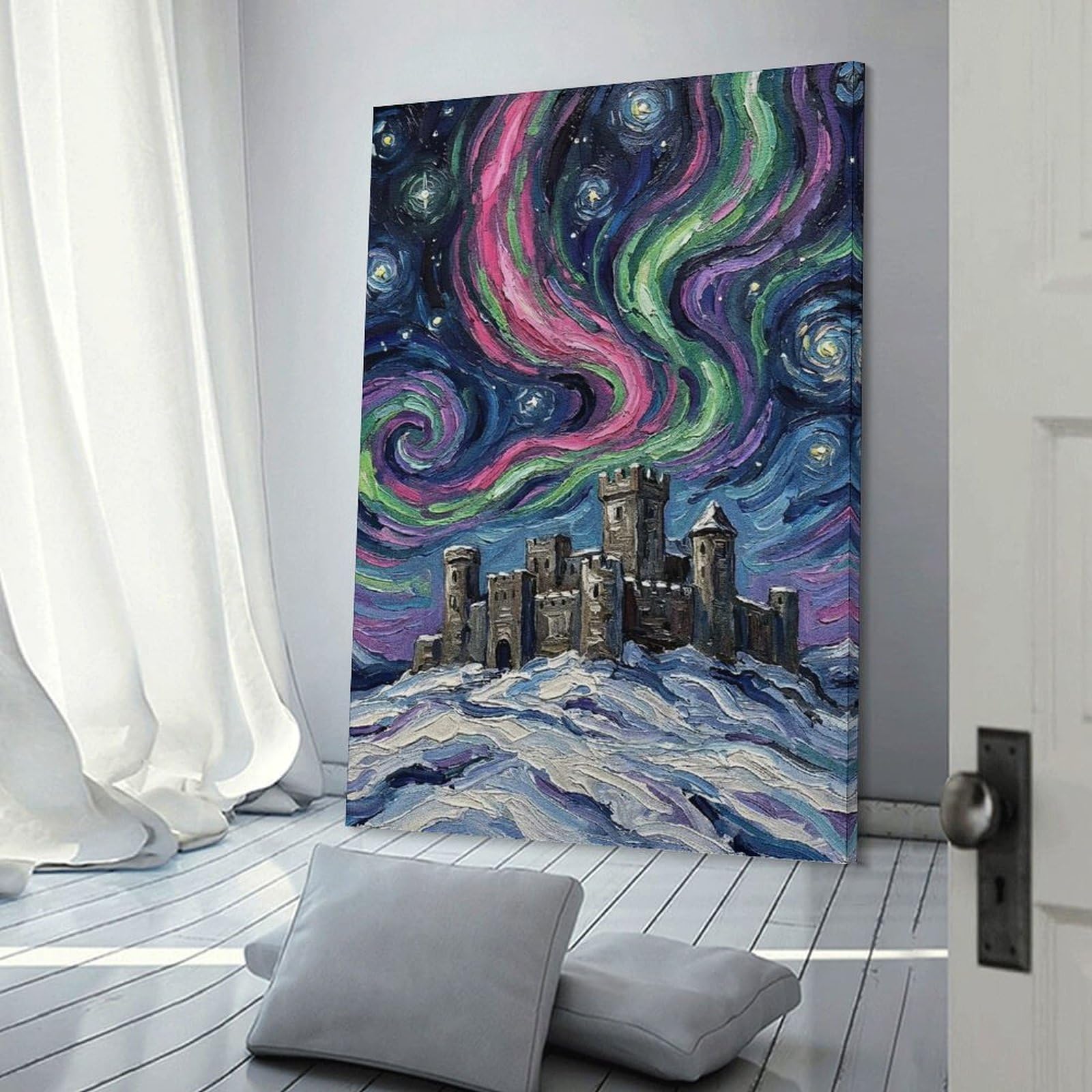 Junmoney Castle Under Aurora Borealis Painting Canvas Wall Decor, 24x36inch(60x90cm), for Lounge Decor, Bedroom Walls Or Flats, Eye Catching Artwork for Blank Walls
