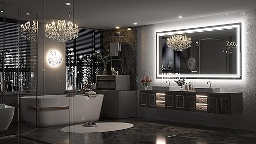 Miniatura 2 de Keonjinn Espejo de baño LED de 72 x 36 pulgadas con retroiluminación y frontal, gran espejo de tocador sin escalones de 3 colores de temperatura y