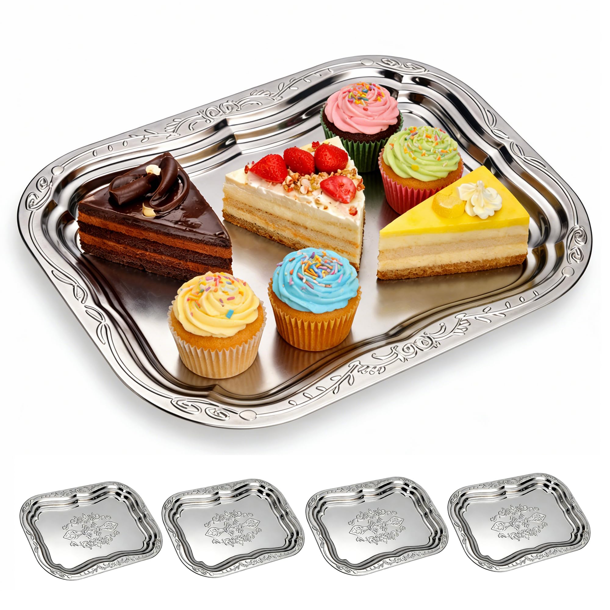 4-Pack Large Oval Silver Serving Trays - 15.7"x10.8" Mirror Platter Set for Party, Wedding, Birthday, Christmas, Appetizers, Desserts, Food Display, Kitchen Table, Buffet