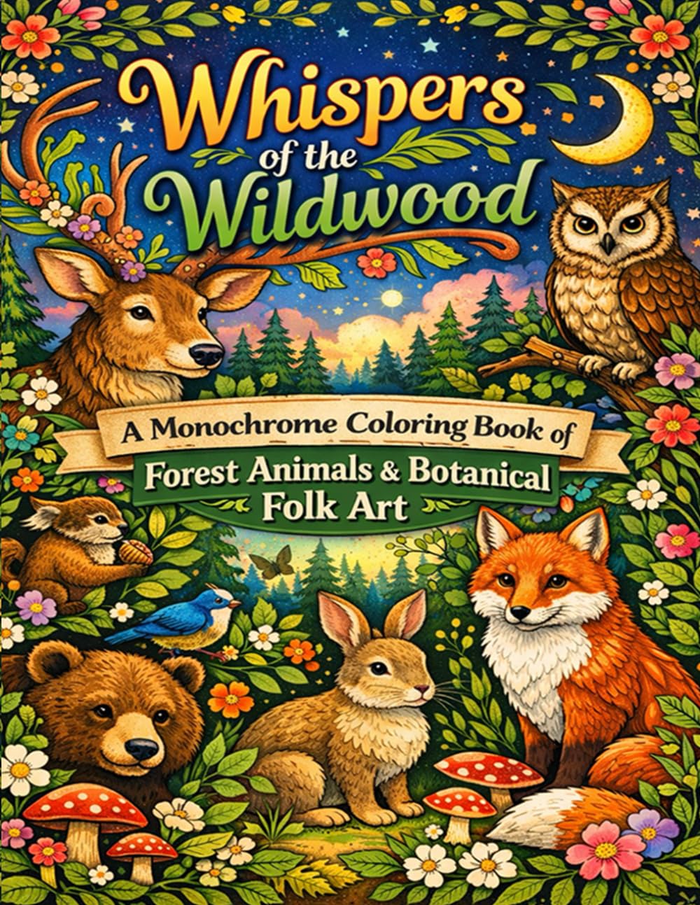 Whispers of the Wildwood: A Monochrome Coloring Book of Forest Animals & Botanical Folk Art