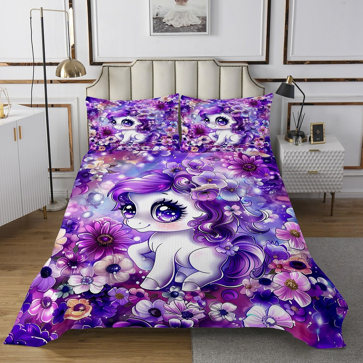 Manfei Cute Uincorn Bedspread Twin Size, Purple Floral Unicorn Coverlet Set 2pcs, Cartoon Animal Theme Quilted Coverlet with 1 Pillowcase, Kids Boys Girls Room Decor, Soft Bedding Quilt