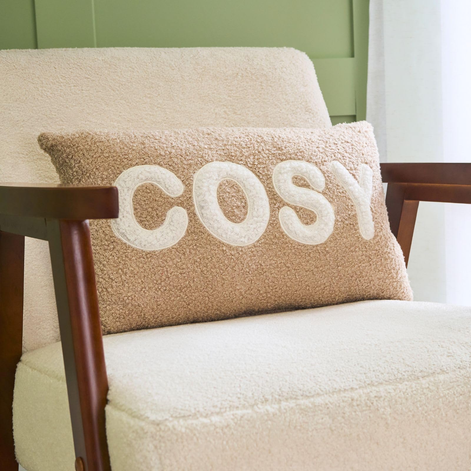 OHS Back Support Cushions Throw Pillow for Couch Sofa Bed Ultra Soft Boucle Fabric Scatter Cushion Cosy Slogan Print Decorative Seating Cushion, Natural - 50 x 30cm