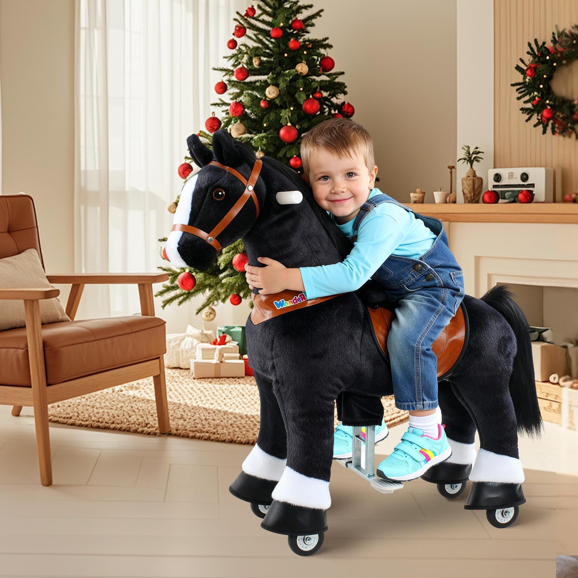 WondeRides Ride on Horse Pony Black Riding Horse Toys Pony Rider Size 4 for Kids Toddlers Age 4-9, 36 inch Height Plush Walking Animal Mechanical Rocking Horse with Wheels No Battery