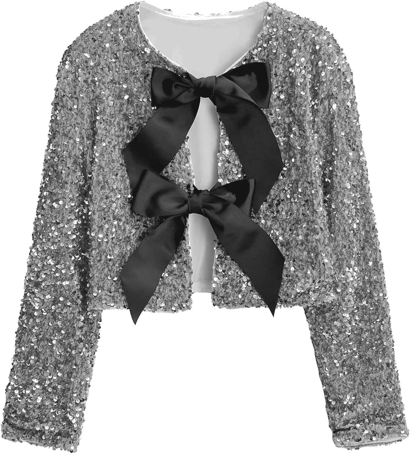 Women Tie-Front Sequined Jacket Long Sleeve Sparkling Cropped Top