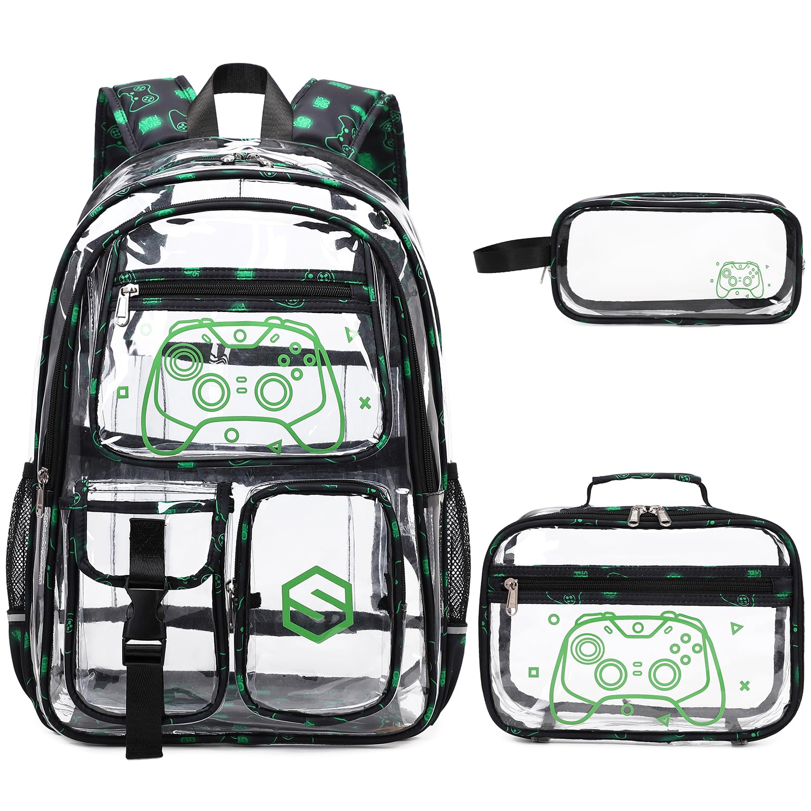 DIGOBAY 3PCS Cool Luminous Clear Backpack for Boys Kids, Gamer Bookbag for School, See Through PVC Transparent Backpacks with Lunch Bag Pencil Case,