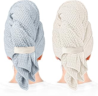 2 Packs Large Microfiber Hair Towels for Women, Super Absorbent & Quick Dry Hair Towel Wrap for Curly Hair Long & Short Hair- Anti-Frizz Hair Turbans for Wet Hair (Blue/White) - 27.5''*39.4''