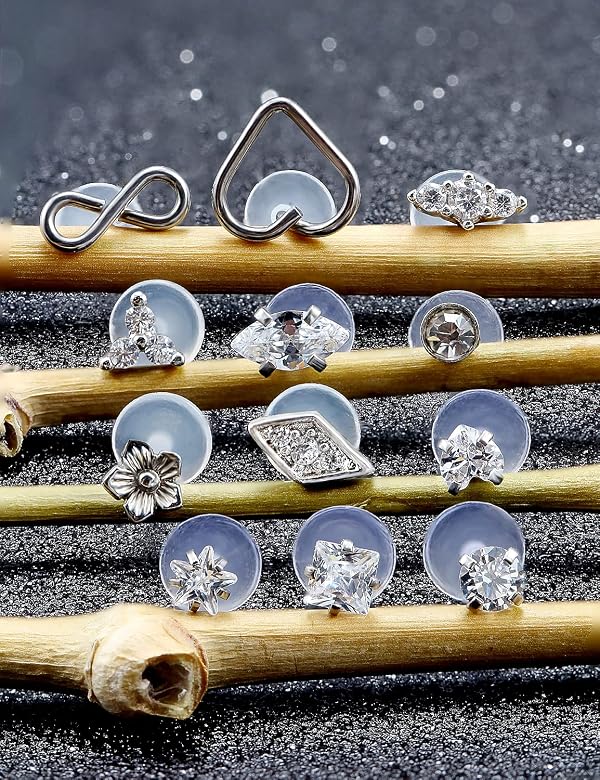 Jenxnjsjo Plastic Threadless Lip Rings Cartilage Earring Labret Ashley 16g 8mm 16 Gauge Surgical Steel Clear Flat Back Tragus Helix Conch Medusa Monroe Piercing Jewelry for Women Internally Threaded by Jenxnjsjo - Used condition - Image 2