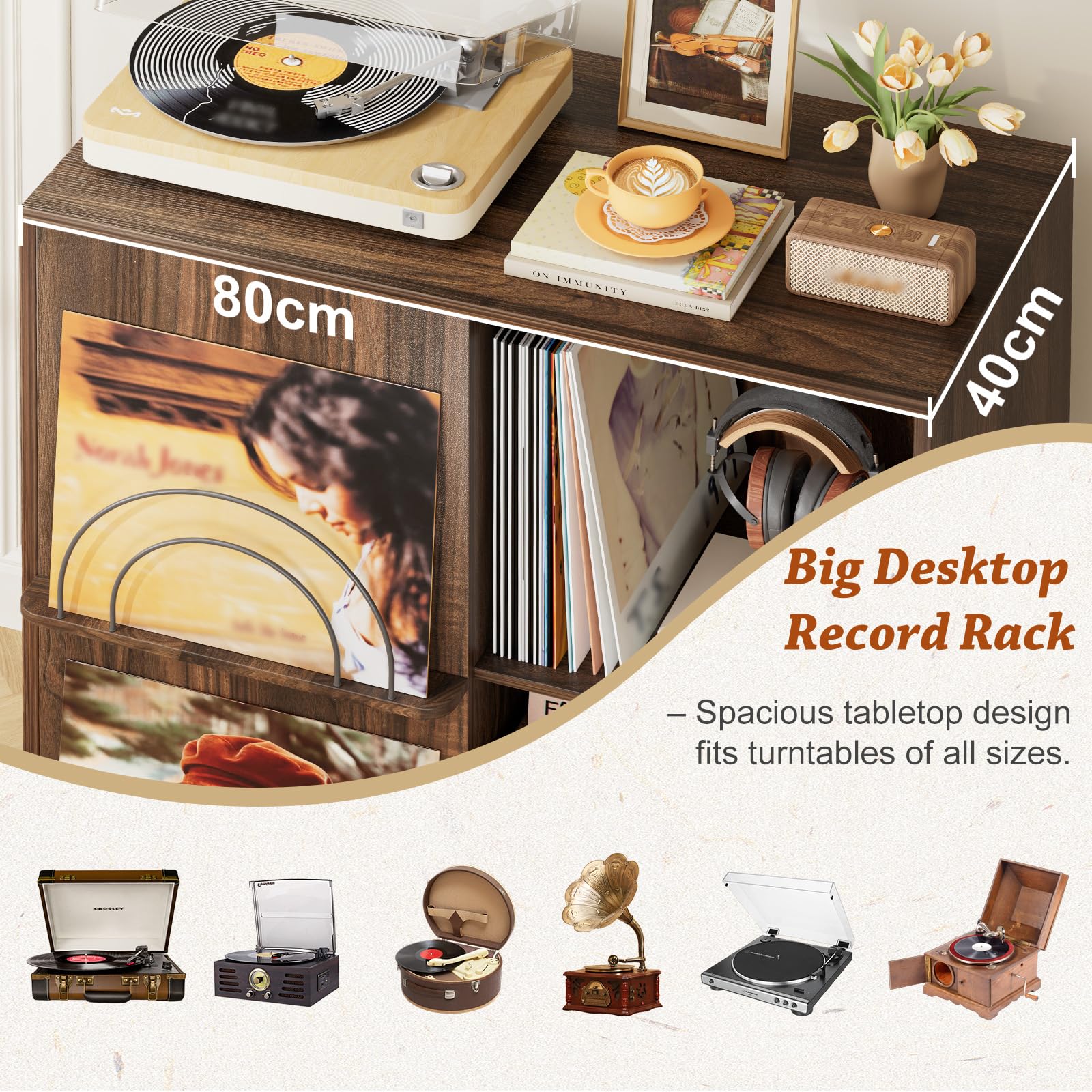 Bikoney Mobile Vinili - Mobiletto per Giradischi con Espositore Album | Supporto per giradischi e casse con 1 cassetto. Mobile TV retrò e credenza per dischi in legno.