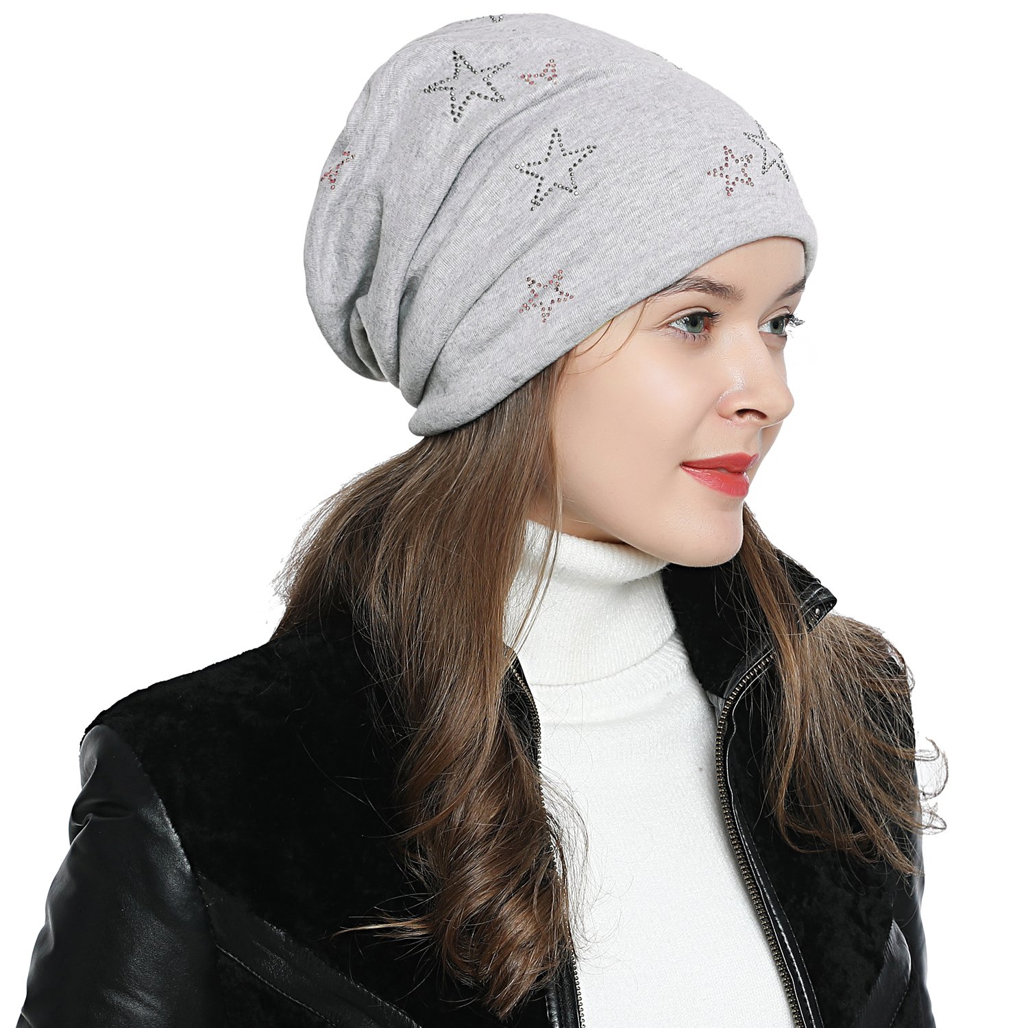 DonDon Mütze Damen Wintermütze Slouch Beanie gefüttert mit Stern Print