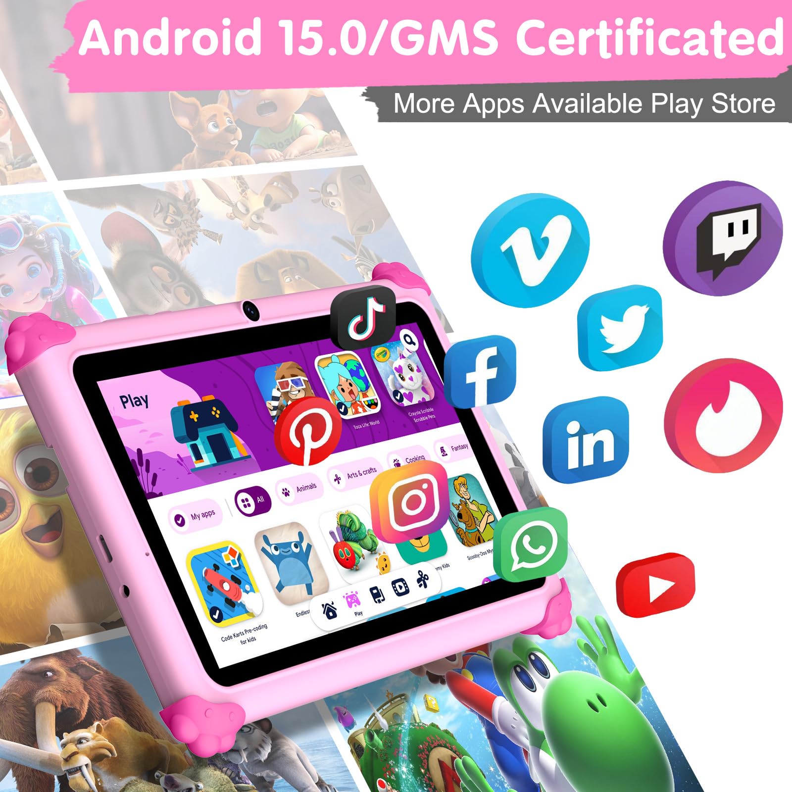 ascrecem Tablet Niños 7 Pulgadas Android 15 Tablet para Niños con 2.4G+5G WiFi6 Penta Core 6GB RAM 32GB ROM Tableta Infantil Doble Cámara 128GB Expandible Control Parental Juegos Educativos (Rosa)
