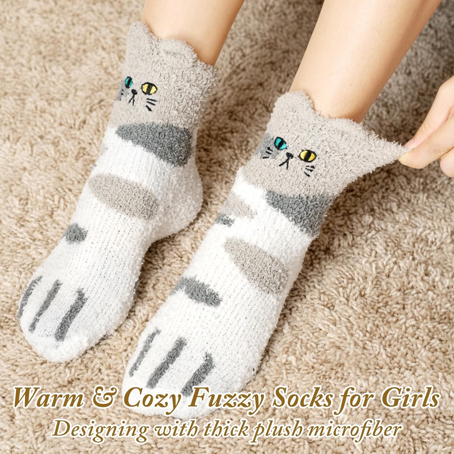 Geyoga 6 Pairs Fuzzy Cat Paw Socks for Women Warm Winter Cat Socks Fluffy Slipper Soft Slipper No-shedding Sleeping Cute Animal Cozy for Birthday Valentine Gifts - Image 7
