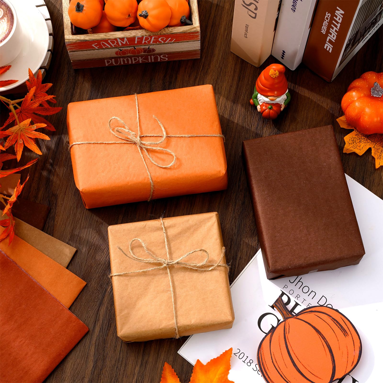 Whaline Lot de 100 feuilles de papier de soie marron - 5 couleurs - Papier cadeau décoratif d'automne pour la récolte d'automne, Thanksgiving, Halloween, fête, loisirs créatifs, 35,6 x 50,8 cm