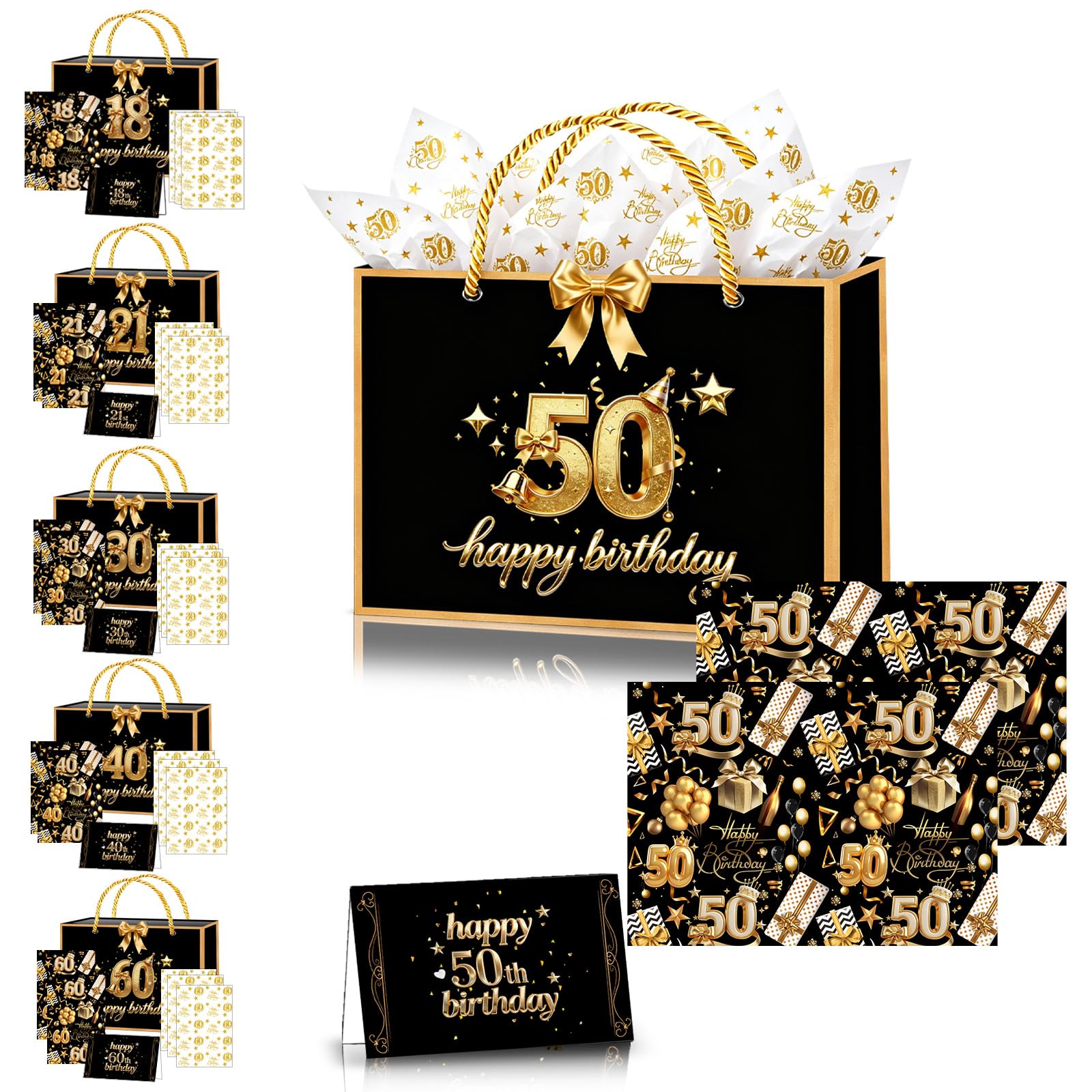50th Birthday Gift Bag for Women Men,11×8×4" Black Gold 50th Gift Bag with 50th Birthday Wrapping Paper Tissue Paper Sheets Card and Ribbon for Him Her Female Male 50th Birthdays Present Decorations