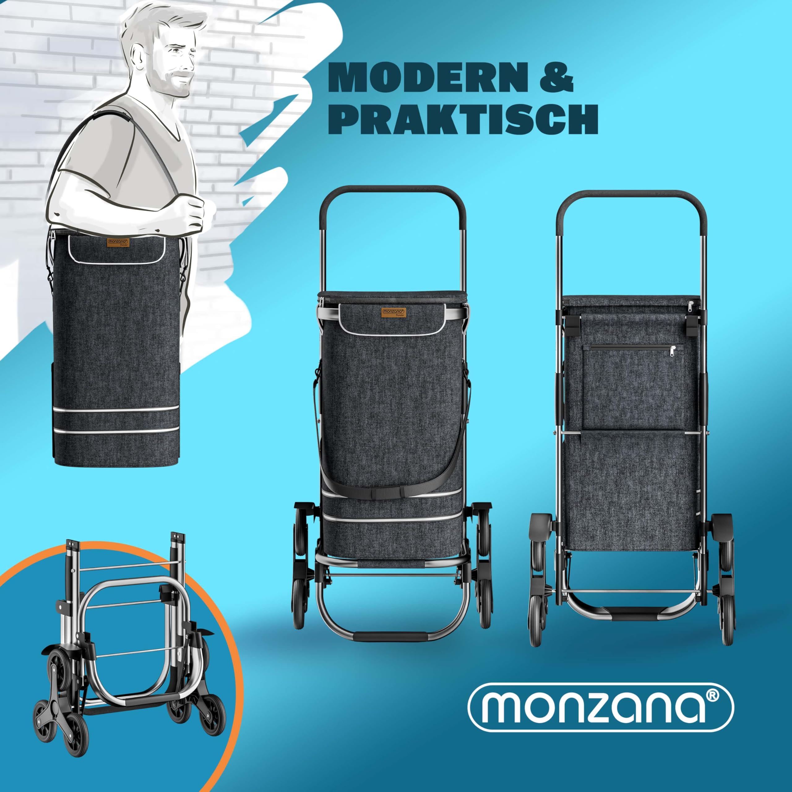 MONZANA® 3in1 Einkaufstrolley 56L bis 50 kg klappbar abnehmbare Tasche 6 Rollen Tragegurt Treppensteiger Einkaufswagen Einkaufshilfe Trolley Schwarz Meliert