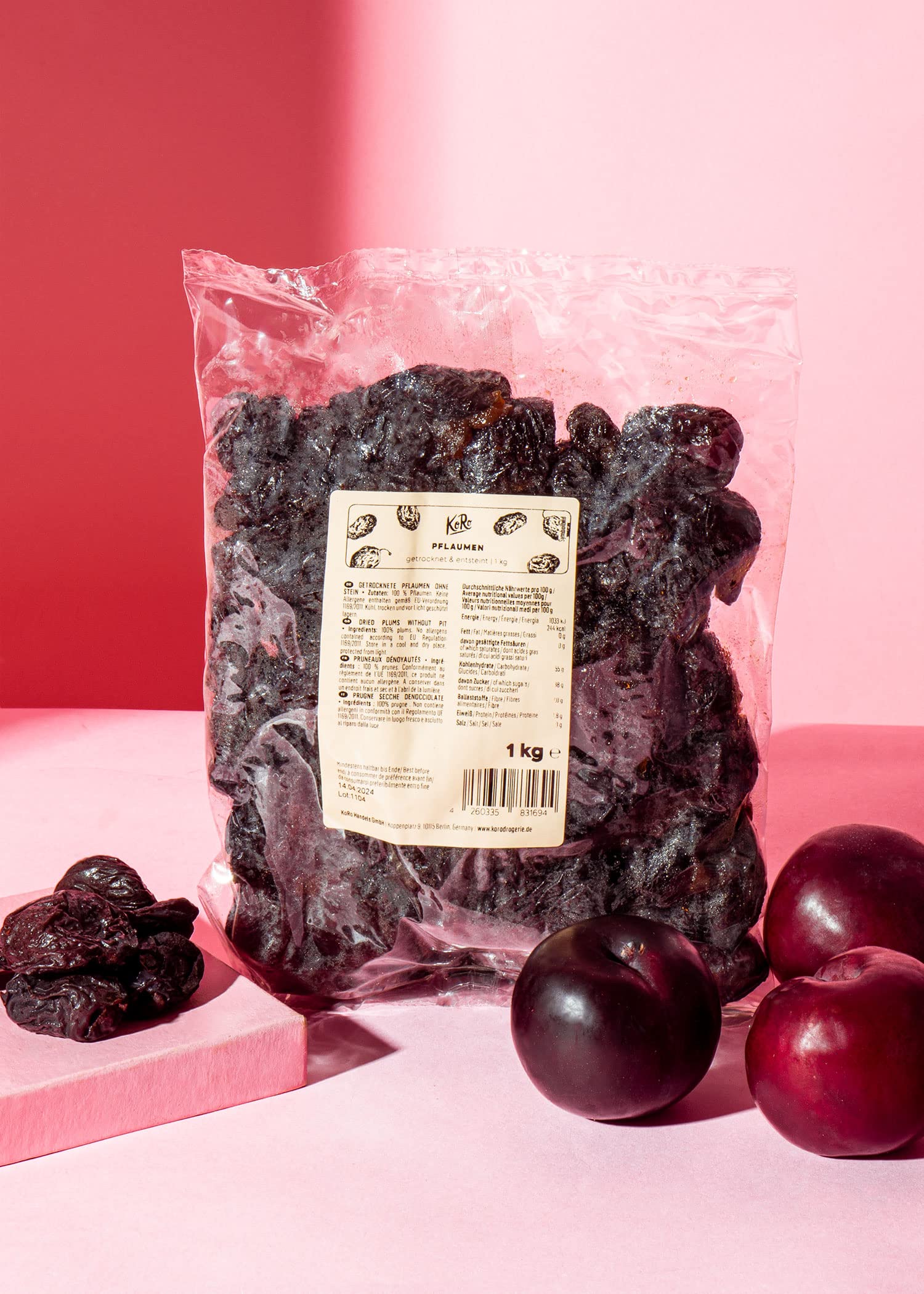 KoRo - Prugne secche denocciolate 1 kg - prugne essiccate senza nocciolo - senza zolfo, senza conservanti e non dolcificato