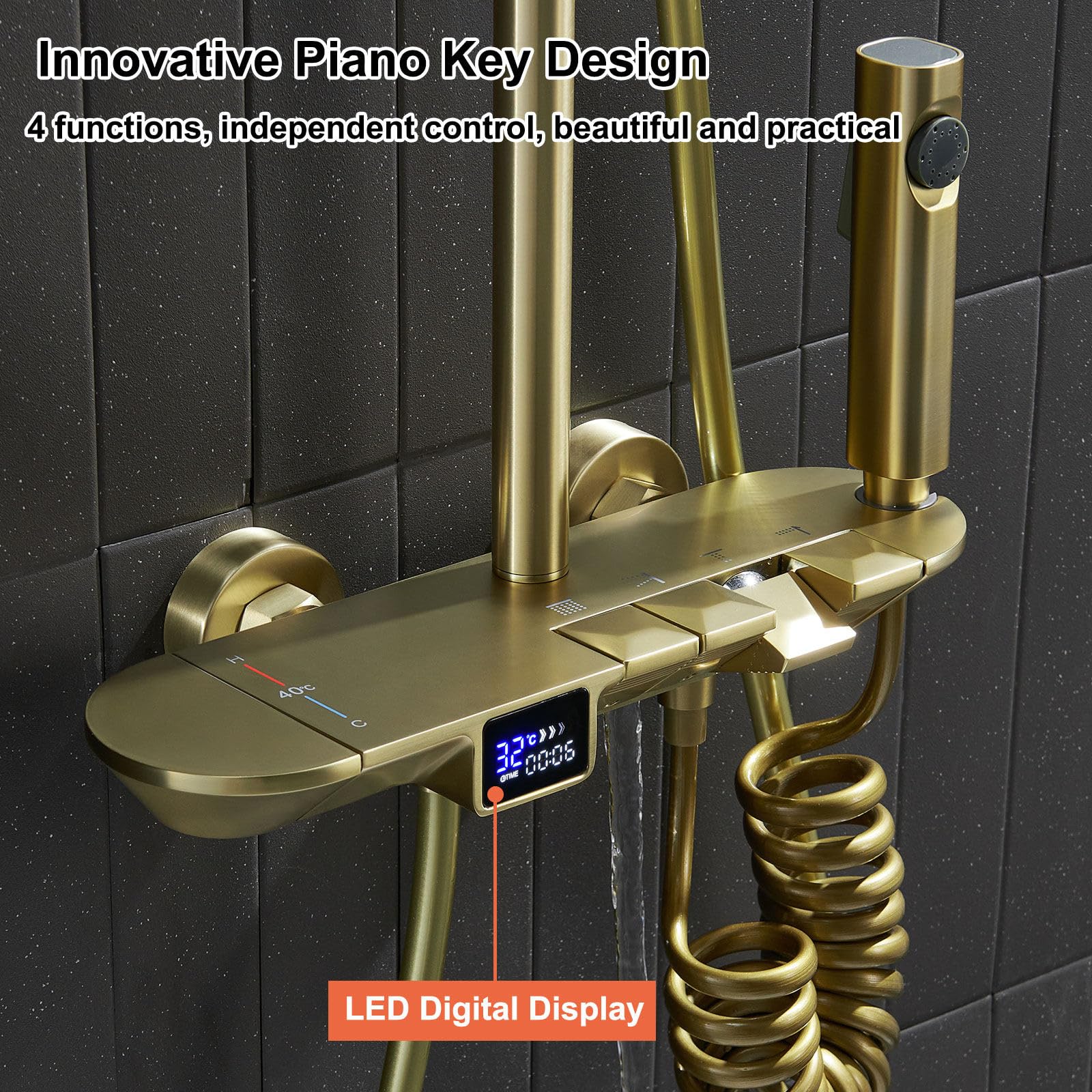 BEITH Termostatyczny system prysznicowy, kwadratowy zestaw prysznicowy 30 x 20 cm, cyfrowy wyświetlacz LED, zestaw baterii prysznicowych z kluczem fortepianowym, ręczny, bateria wannowa, pistolet