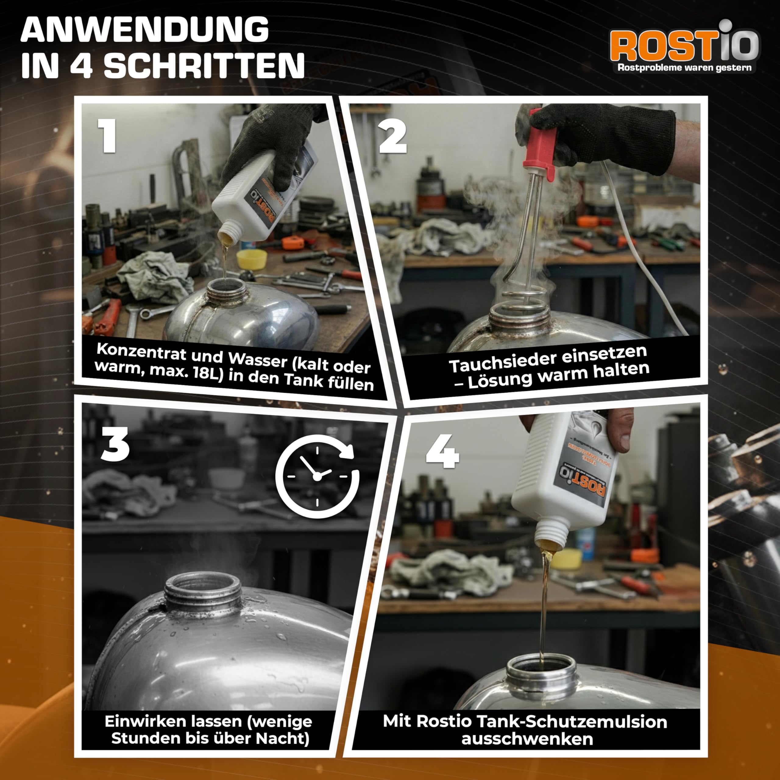 Rostio Tankentroster-Set 2L – inkl. Tank-Schutzemulsion 500 ml + Tauchsieder – hochergiebig (1:10) – für Tanks bis 20L – Rostentferner & Korrosionsschutz – Tanksanierungs-Set