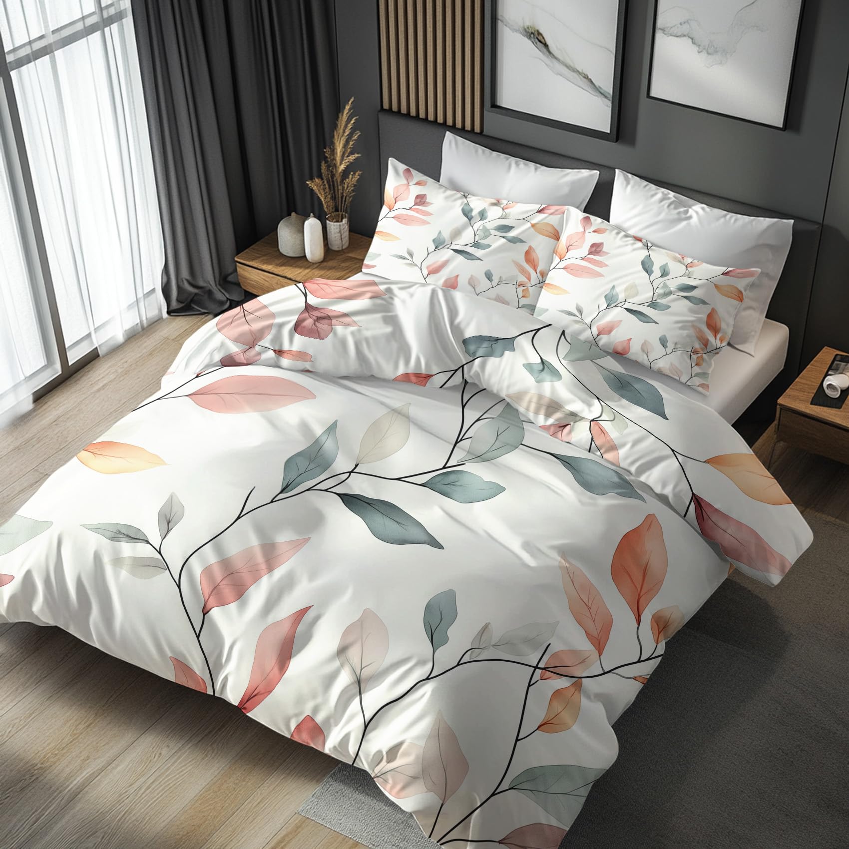 Nogawa White Leaf Emperor Duvet Cover Sets - Leaves Bedding Set - Reversible Quilt Cover & 2 Pillowcases With Zip And Ties, Ultra Soft And Non Iron Brushed Microfibre Bed Set 290 X 235