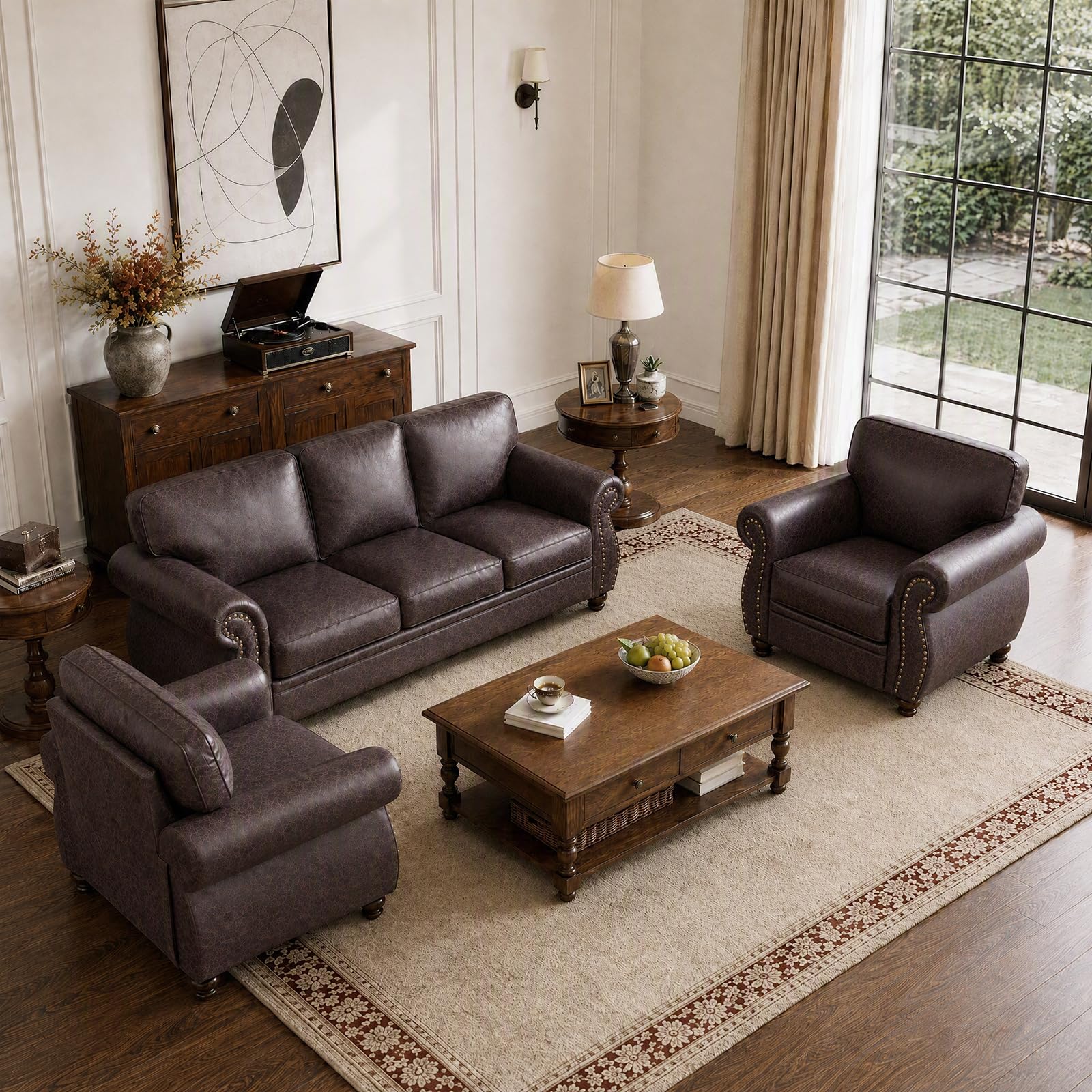 Couchus 88" W Living Room Furniture Sets, 3-Seater&amp;2 Single, Brown