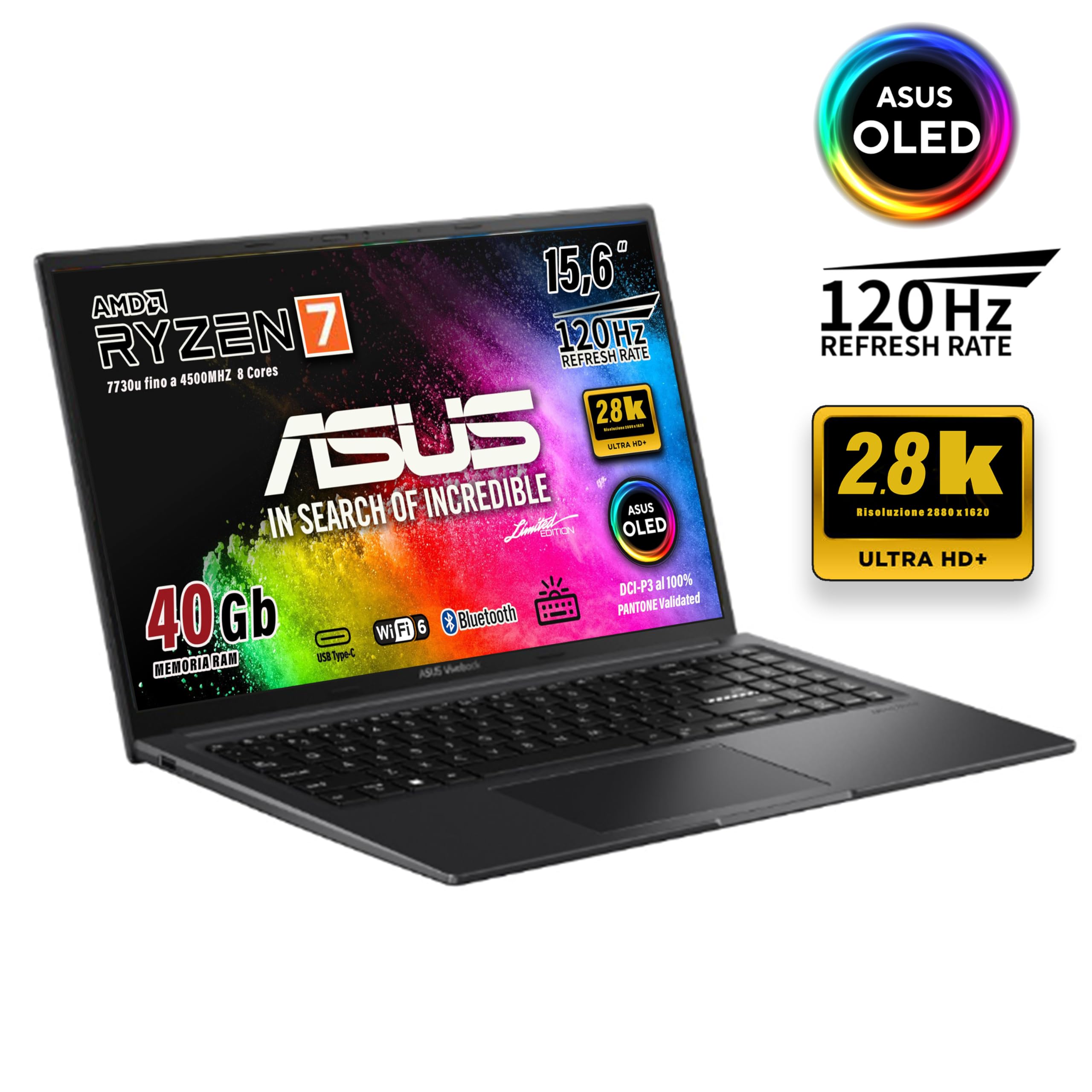 ASUS Notebok Vivobook OLED Display 2,8K 15.6" 2880x1620, Cpu Amd Ryzen 7 7730u, 8Core, Ram 40Gb, SSD 512Gb Nvme, Win11, wi-fi 6, webcam, Usb3.2, Hdmi, Bt5.3, Tastiera retroilluminata, Preconfigurato