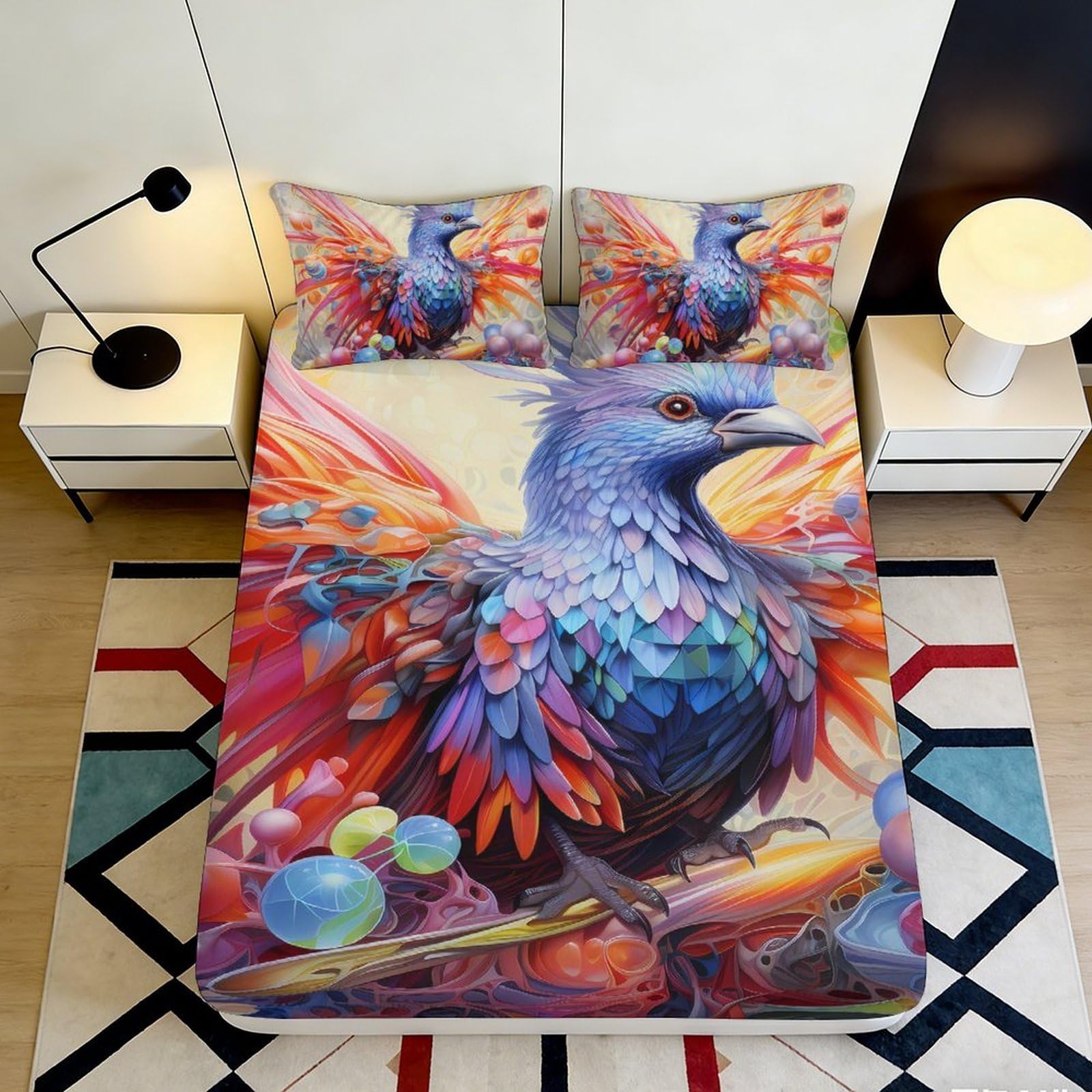 3D Printed Artistic Phoenix Fitted Sheet Microfiber Deep Pocket Non-Slip Bedroom Bedding Phoenix Mattress Fitted Cover Washable Mattress Protection 200x200x25cm 90x200x25cm