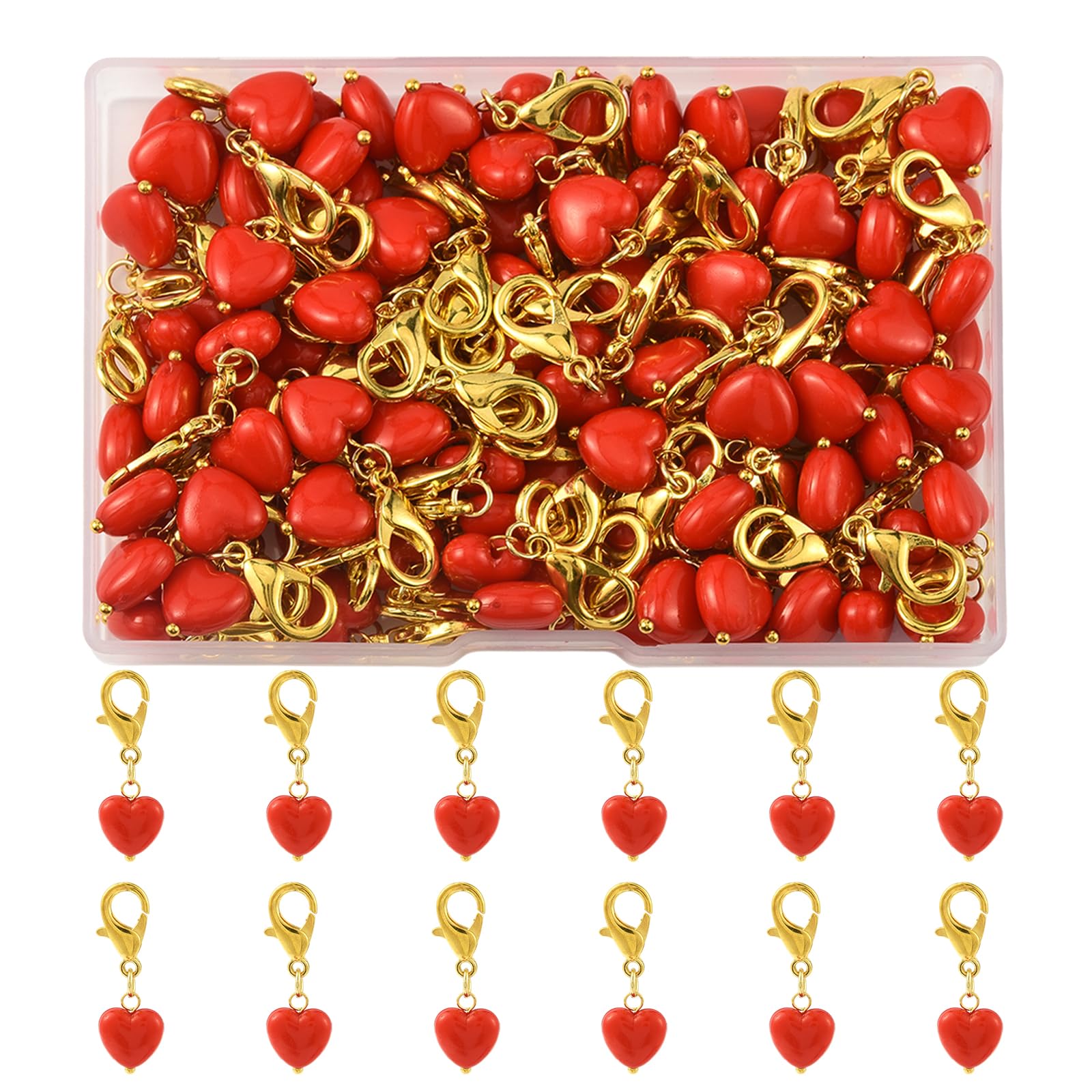 100 ciondoli a clip per borse a forma di cuore rosso, per la creazione di gioielli, per San Valentino, amore, in acrilico, con chiusura a moschettone, ciondoli per borse, portachiavi