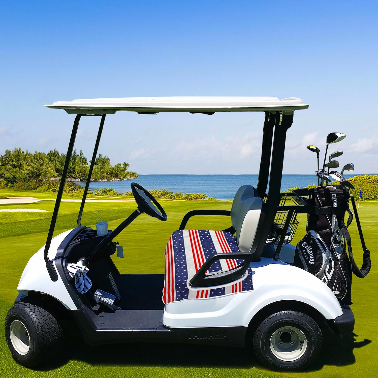 YOKYHOM American Flag Golf Cart Seat Covers for 2/4-Seater, Patriotic USA Seat Towel Blanket Keeps Seats Cool & Clean for Summer, Microfiber Fits EZGO, Club Car, Yamaha, 51"x31"