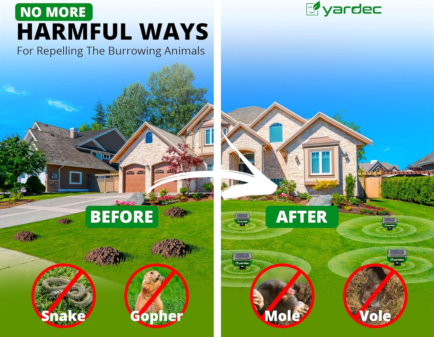 YARDEC Gopher Repellent Ultrasonic Solar Powered - Easy to Use Solar Mole Repellent Ultrasonic with an Auger Drill Bit - IP65 Waterproof Sonic Repeller Stakes for Groundhog, Vole, Snake, etc (4-Pack) : Patio, Lawn & Garden