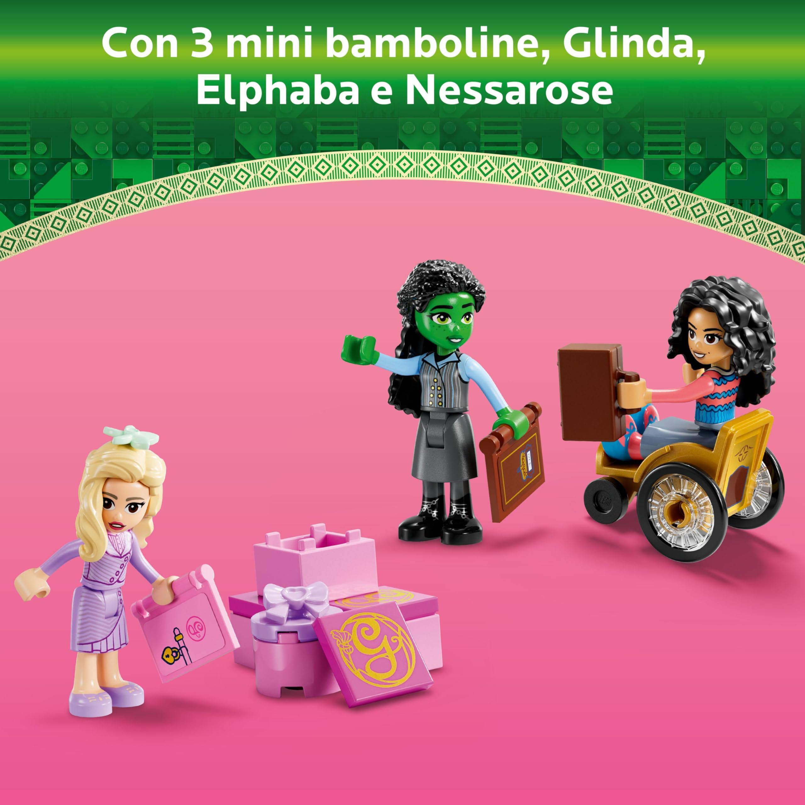 LEGO Wicked Glinda, Elphaba e Nessarose all’Università di Shiz, Giochi di Fantasia per Bambine e Bambini da 7 Anni con Barca, Casa delle Bambole Giocattolo e 3 Mini Bamboline, Idea Regalo 75681