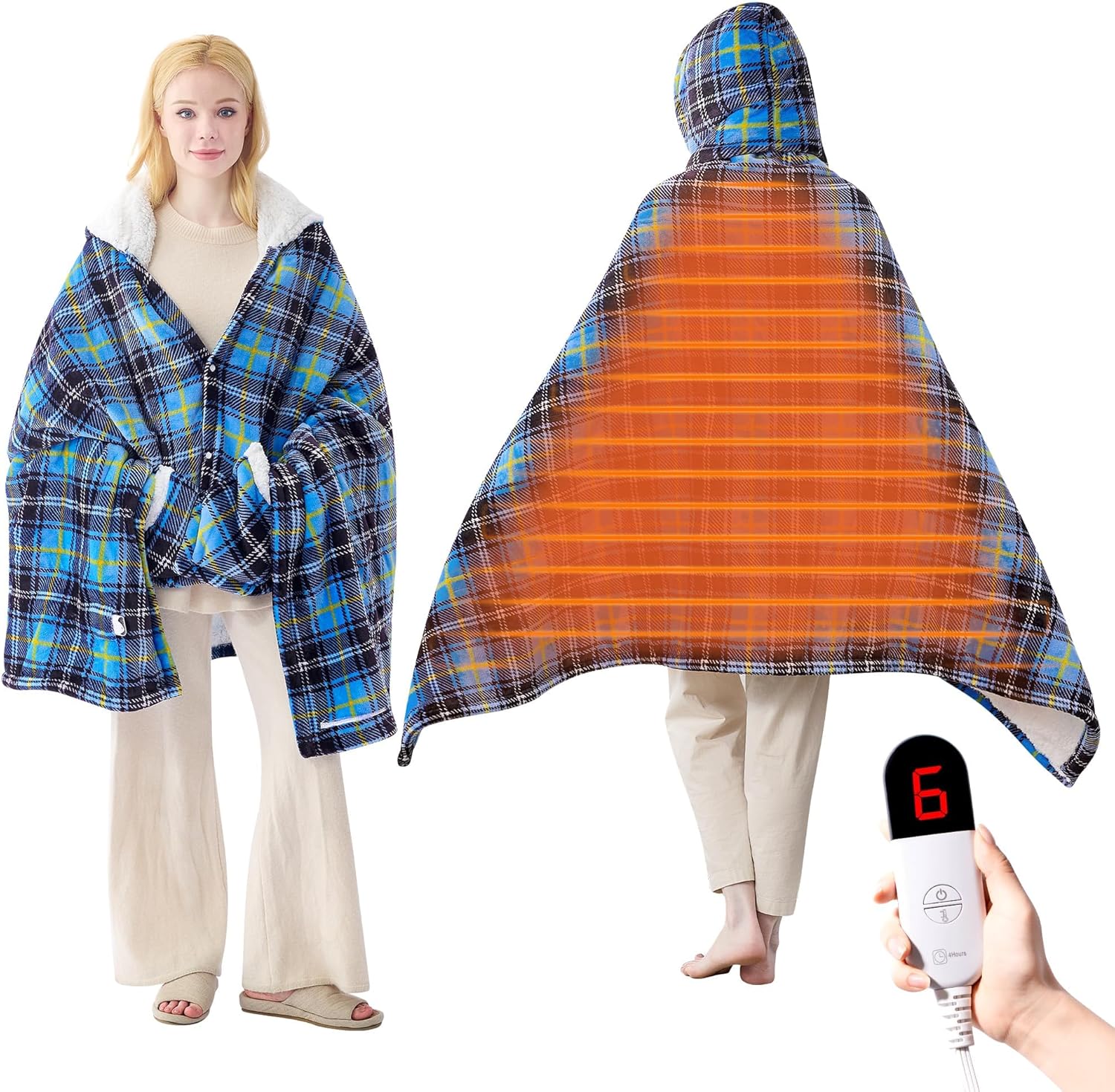PTQ Electric Blanket Wearable Heated Shawl with Hood & Pockets – 6 Heat Settings, 4H Auto-Off, Flannel & Sherpa Reversible, Cozy Plaid Heated Throw Blanket for Home, Couch, or Gift, 40"x70", Blue