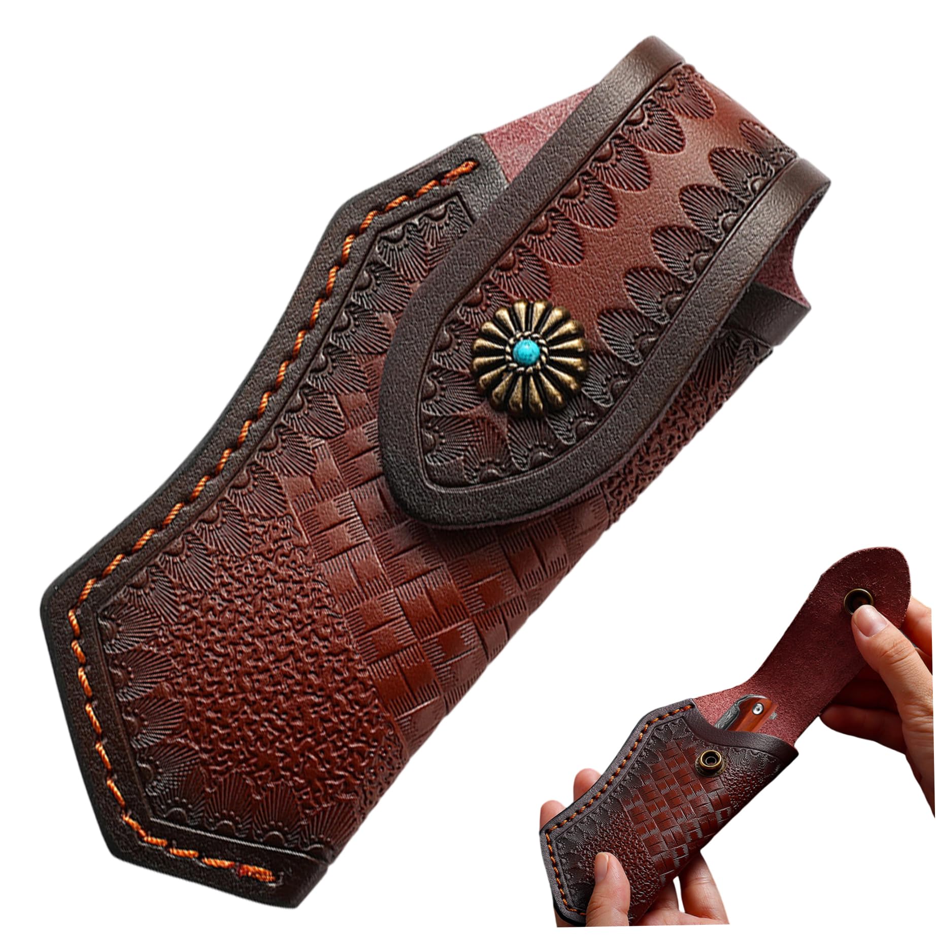 Funda para cuchillo, bolsa para cuchillos, bolsa para herramientas de bolsillo EDC, funda de bolsillo de cuero de vaca para almacenamiento tallado de plantas curtidas del Día del Padre