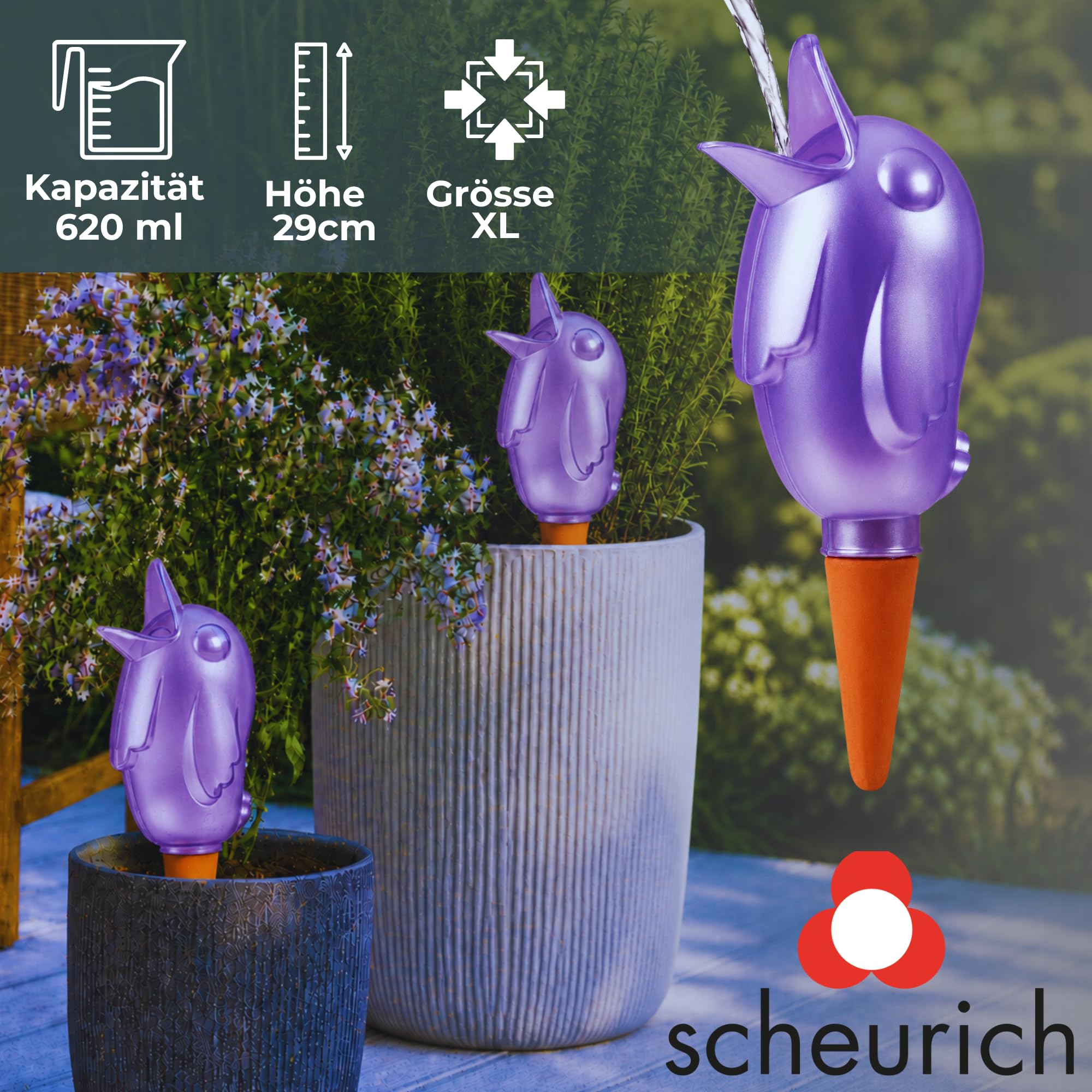 Scheurich Wasserspender XL Lila 8 Stück - 620ml Wasser für bis zu 7 Tage Purple Pearl Höhe 29 cm mit Tonkegel