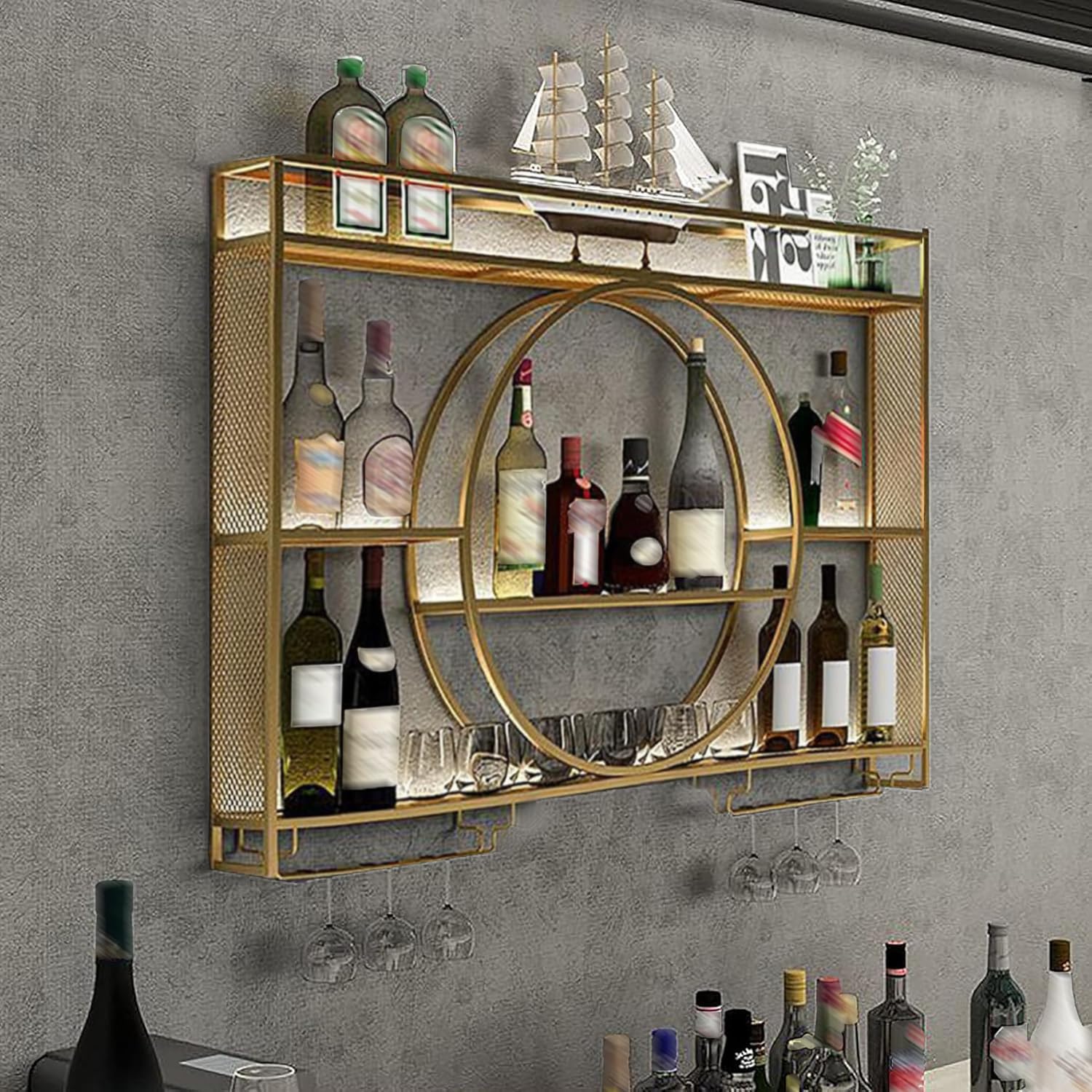 YUANCHUTOP Wall Mounted Display Cabinet with Stools - Space-Saving Storage Solution for Home Bar or Living Room