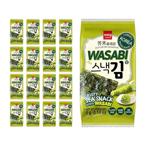 Wang Bocadillo coreano de algas tostadas con wasabi, apto para dieta cetogénica, vegano, sin gluten, aperitivo saludable, paquete de 16