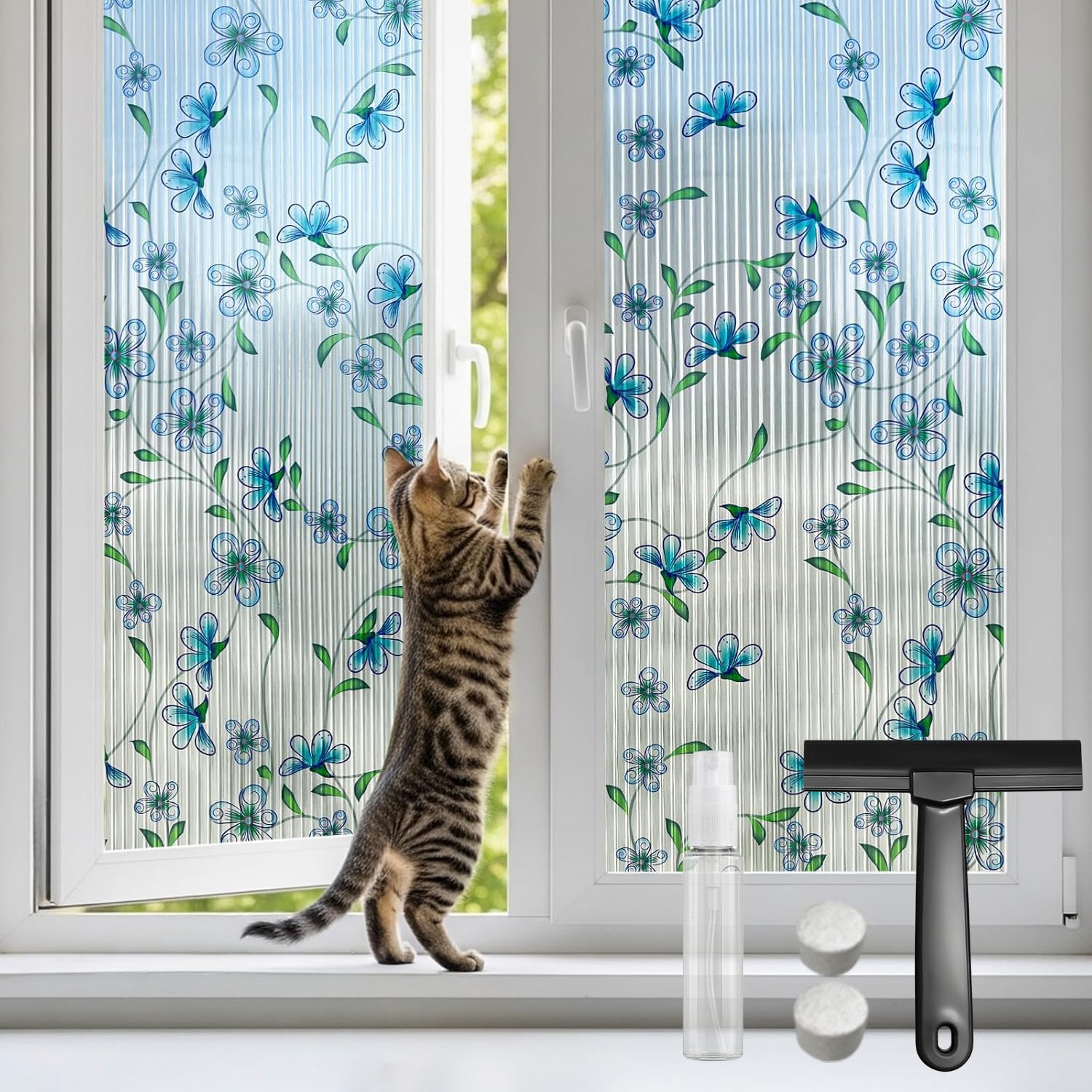 DARUITE Reeded Glass Window Film Privacy Film For Glass Windows Anti UV Opaque Static Cling Reusable Blue Flower Privacy Films for Home Office 90 x 200cm