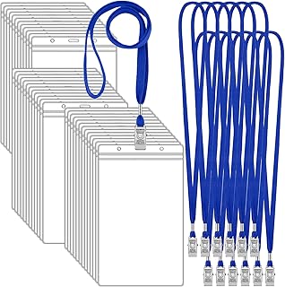 Thenshop 50 Pack Large 4 x 8 Inch Ticket Event Credential Badge Holders with Lanyard Bulk, Clear Waterproof Plastic Big Credential ID Protector Sleeves for Sporting Events Concerts Tickets (Blue)