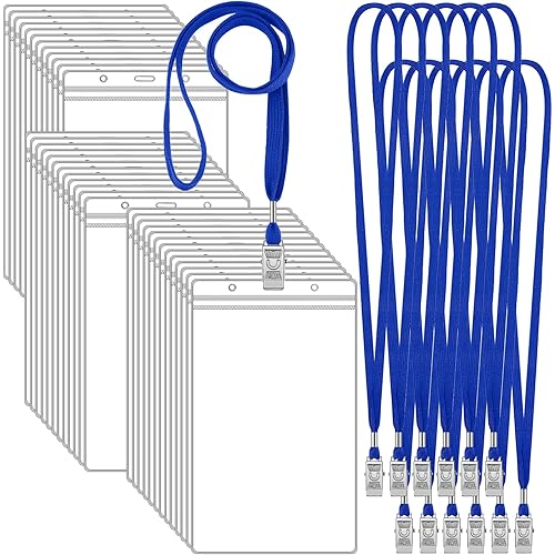 Thenshop 50 Pack Large 4 x 8 Inch Ticket Event Credential Badge Holders with Lanyard Bulk, Clear Waterproof Plastic Big Credential ID Protector Sleeves for Sporting Events Concerts Tickets (Blue)