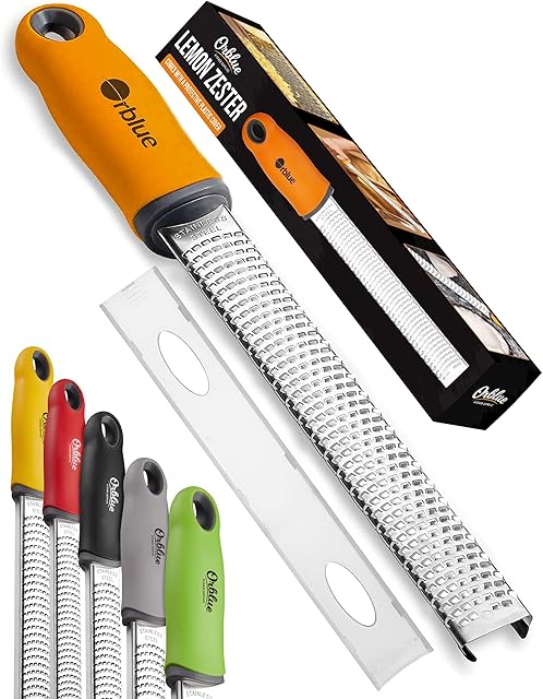 Orblue PRO Citrus Zester & Cheese Grater - Kitchen Tool for Lemon, Parmesan, Ginger, Garlic, Nutmeg, Chocolate, Veggies, Fruits - Razor-Sharp Stainless Steel Blade, Lemon Zester Grater + Protect Cover