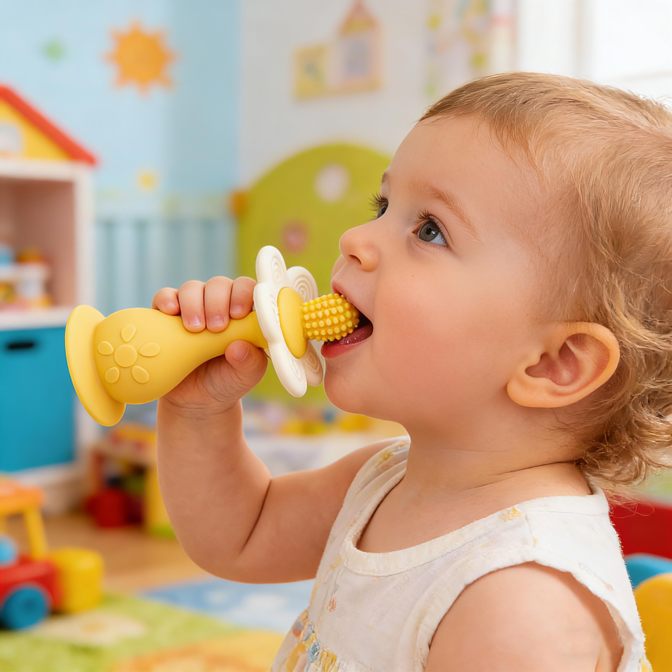 Farout! Gryzak dla niemowląt z motywem kwiatowym, nie zawiera BPA, pierścień chwytający z przyssawką, zabawka Montessori od 3 miesięcy, dla chłopców i dziewczynek (niebieski)