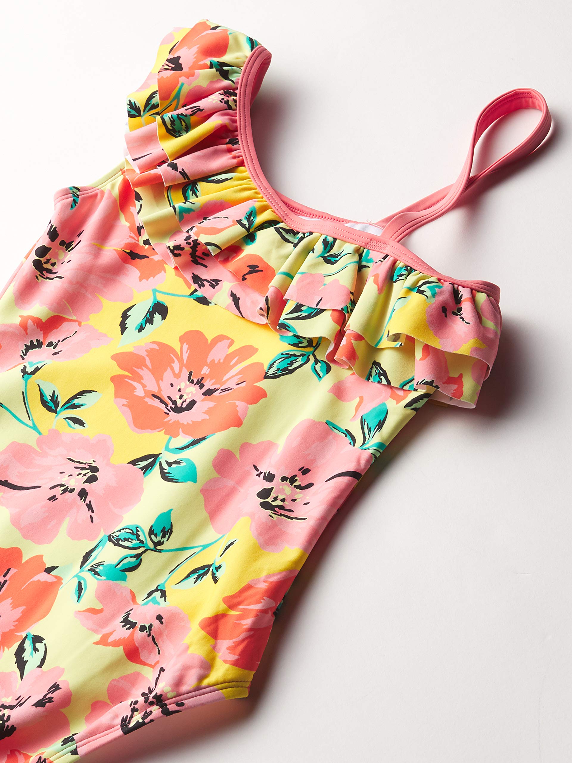 Kanu Surf Girls' Morgan Floral Ruffle One-Shoulder 1-Piece Swimsuit, Flower Power Yellow, 7