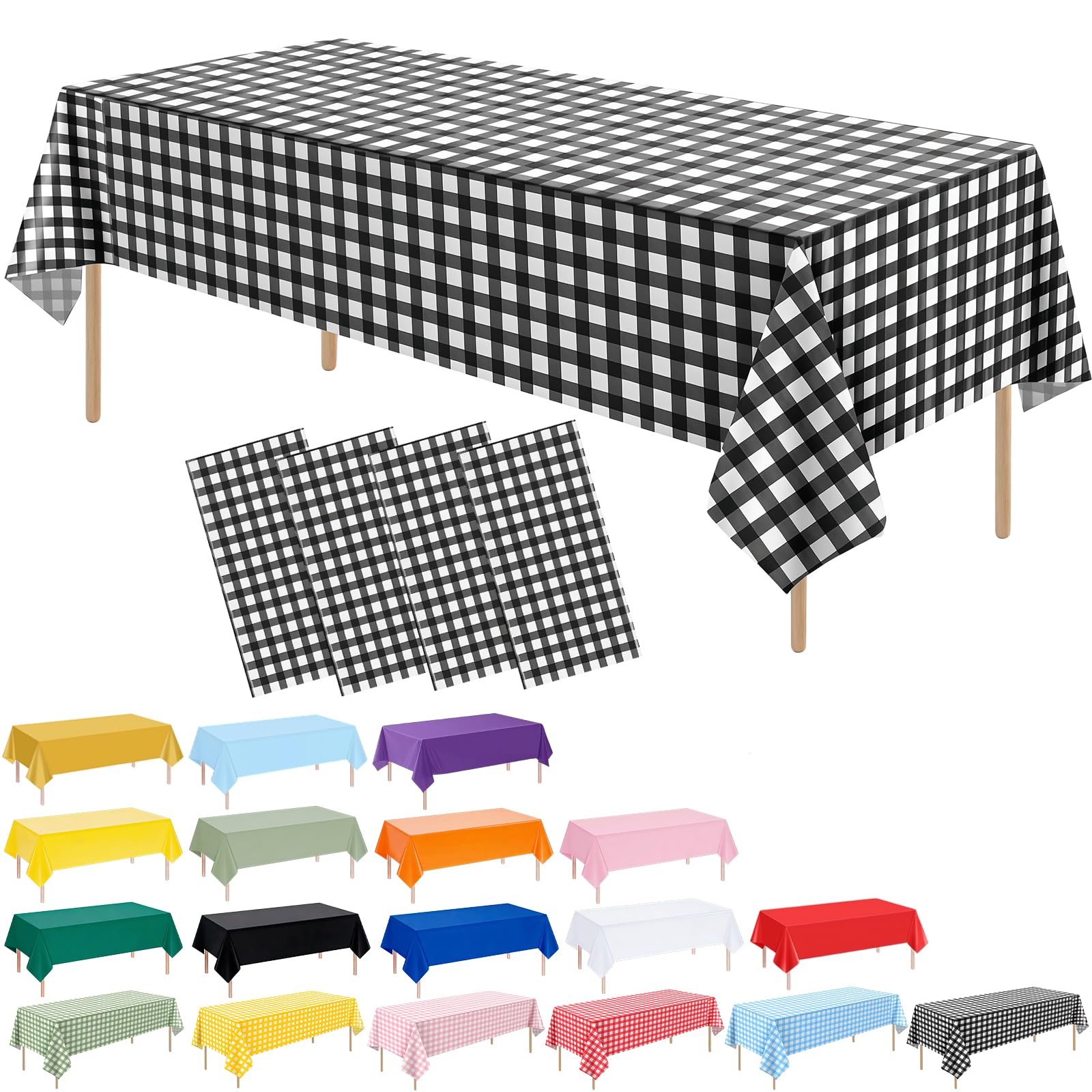 4 Pack Black Gingham Disposable Plastic Table Cloths, 137 x 274 cm PEVA Checkered Tablecloths for Rectangle Tables, Waterproof Wipe Clean Party Table Covers for Picnic BBQ Birthday