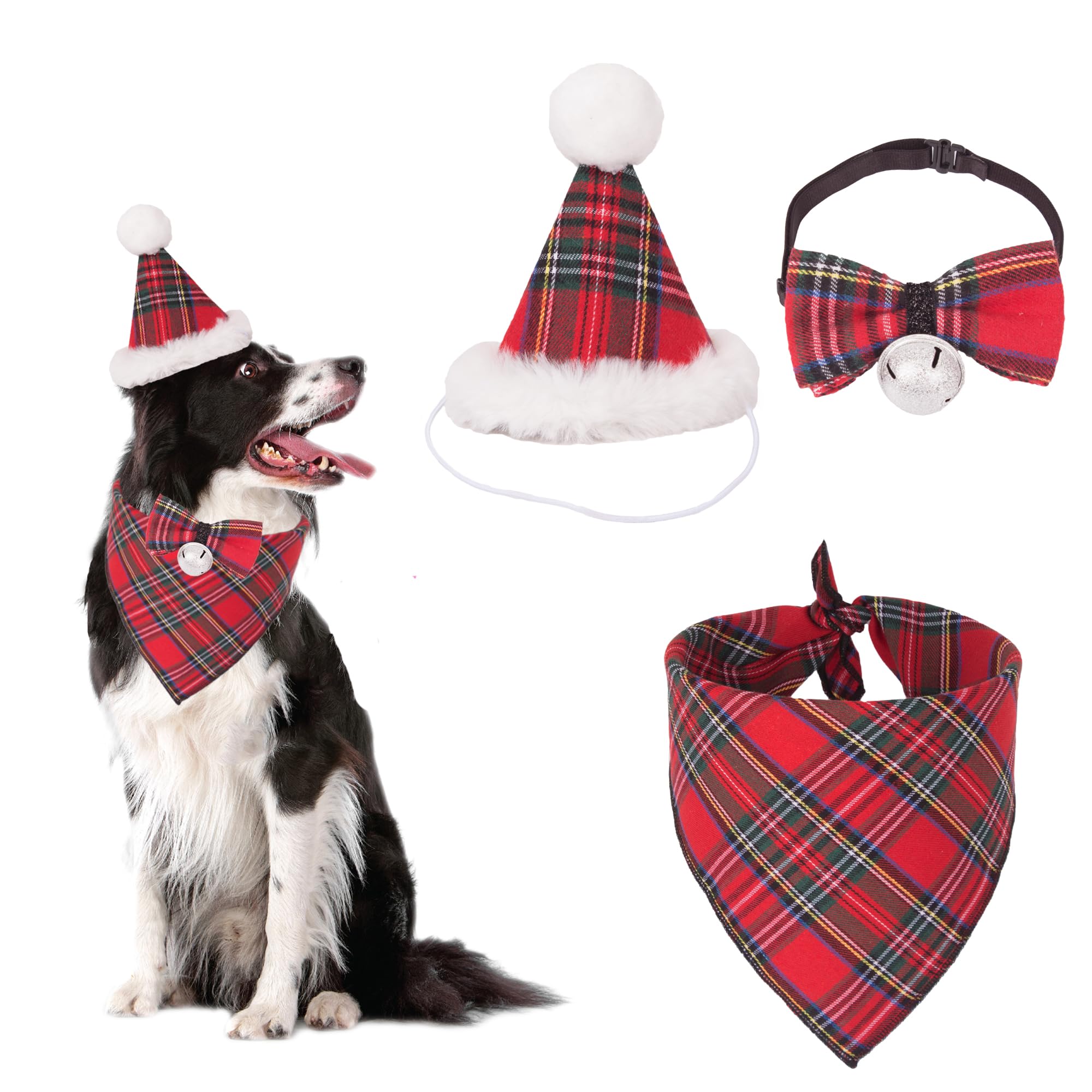ADOGGYGO Christmas Dog Bandana Hat Bow Tie Set - Stylish Red Plaid Christmas Hat Scarf Costume Outfit for Medium Large Dogs Pets (Large)