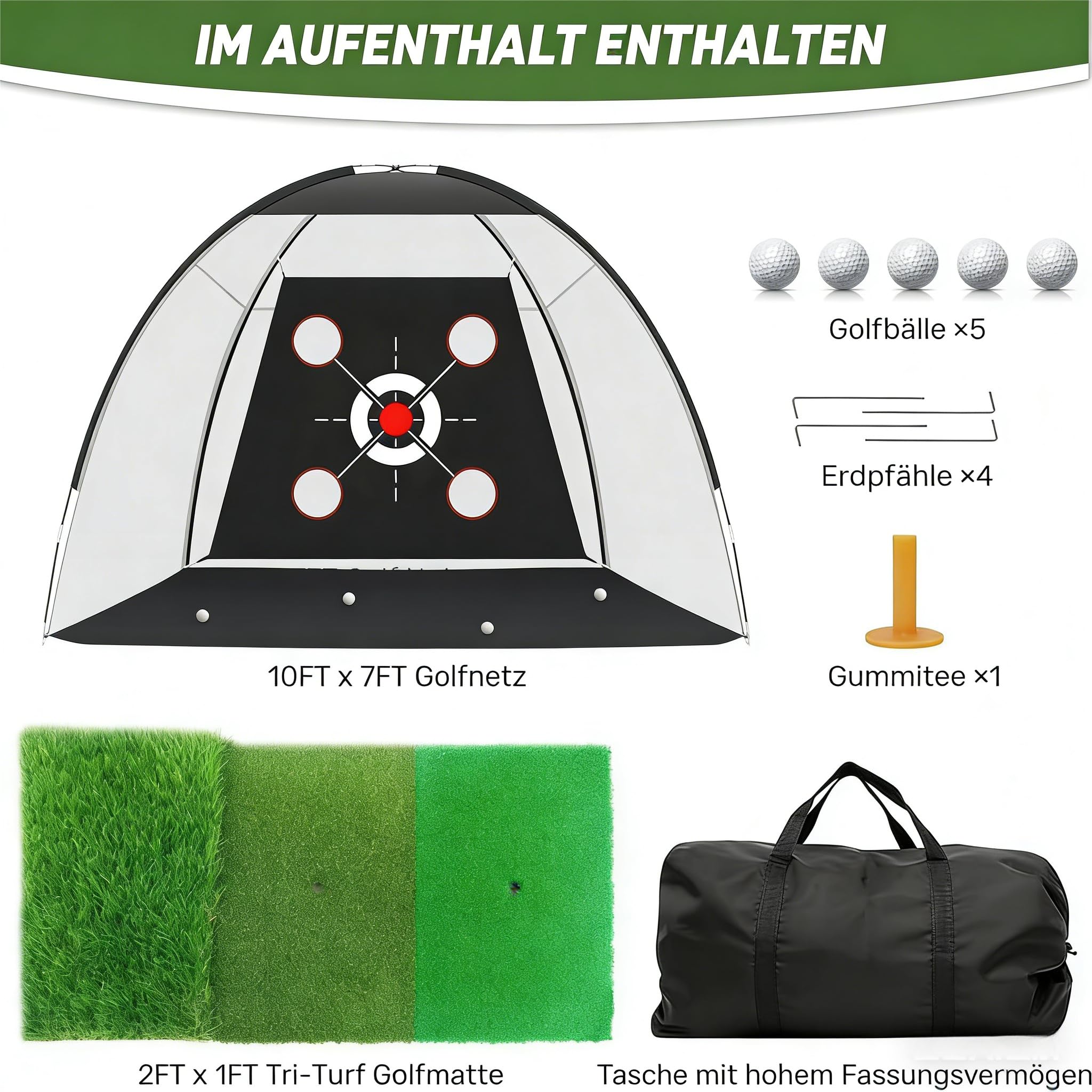 Red de entrenamiento de golf de 10 x 7 pies con colchoneta. Juego completo de entrenamiento de golpes y chipping para interiores y exteriores, incluye alfombrilla de objetivo y pelotas para hombres