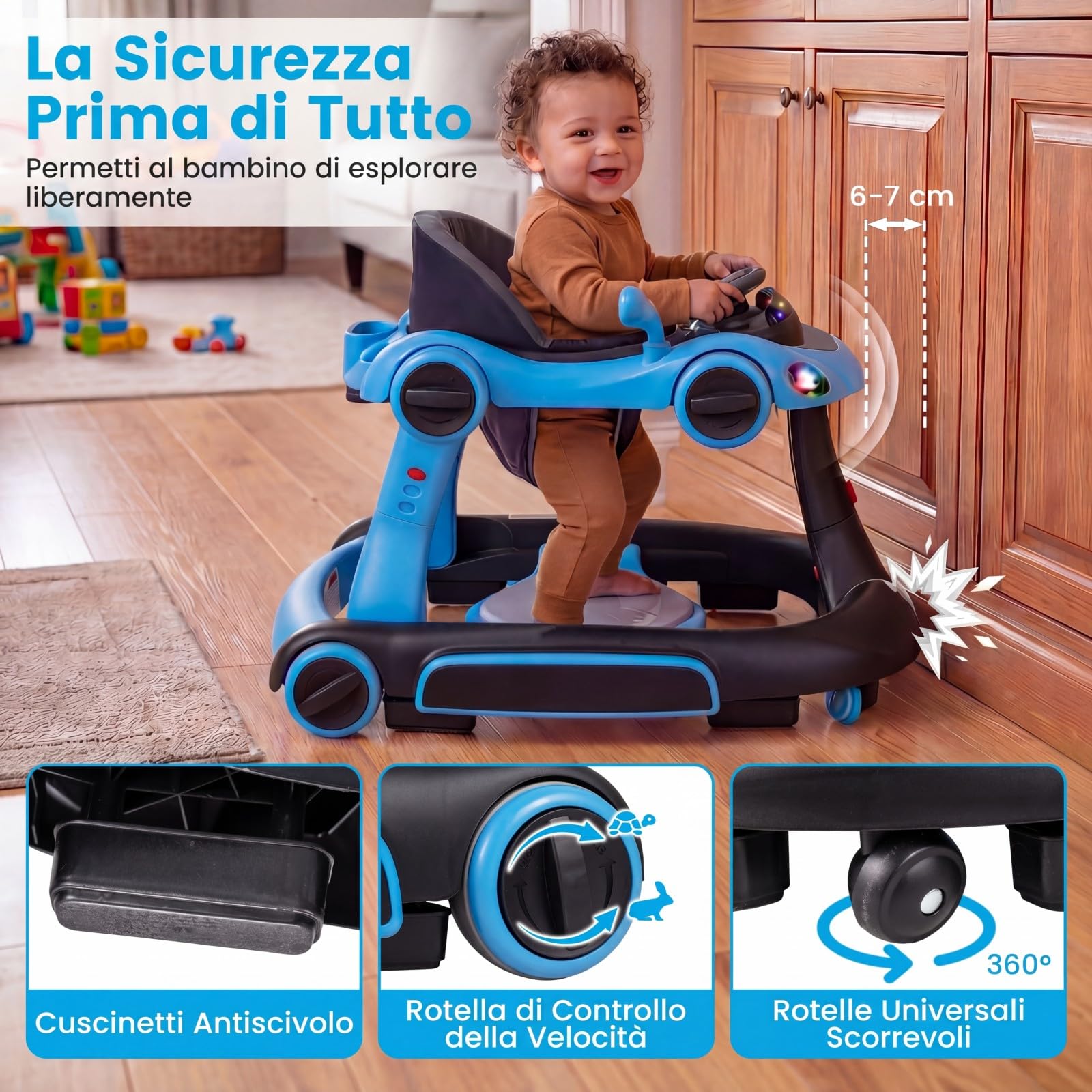COSTWAY Girello per Bambini 6-in-1 Evolutivo, Centro Attività Pieghevole con Maniglia, Regolazione Altezza/Velocità, con Musica, Luci Tenda, per Neonati 6-18 Mesi (Nero+Blu)