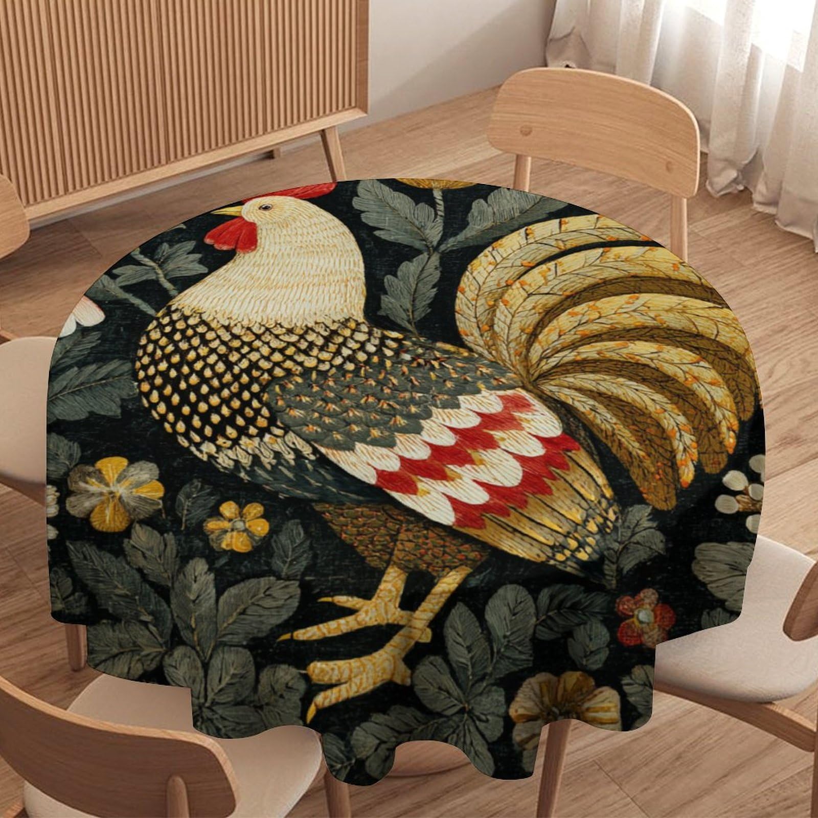 LUYYSKY Rustic Abstract Roosters Round Tablecloth Vintage Minimalist Animals Chickens Botanical Plants Flowers Print Washable Decor for Table Cover for Kitchen-177.8" Wx177.8 L cm