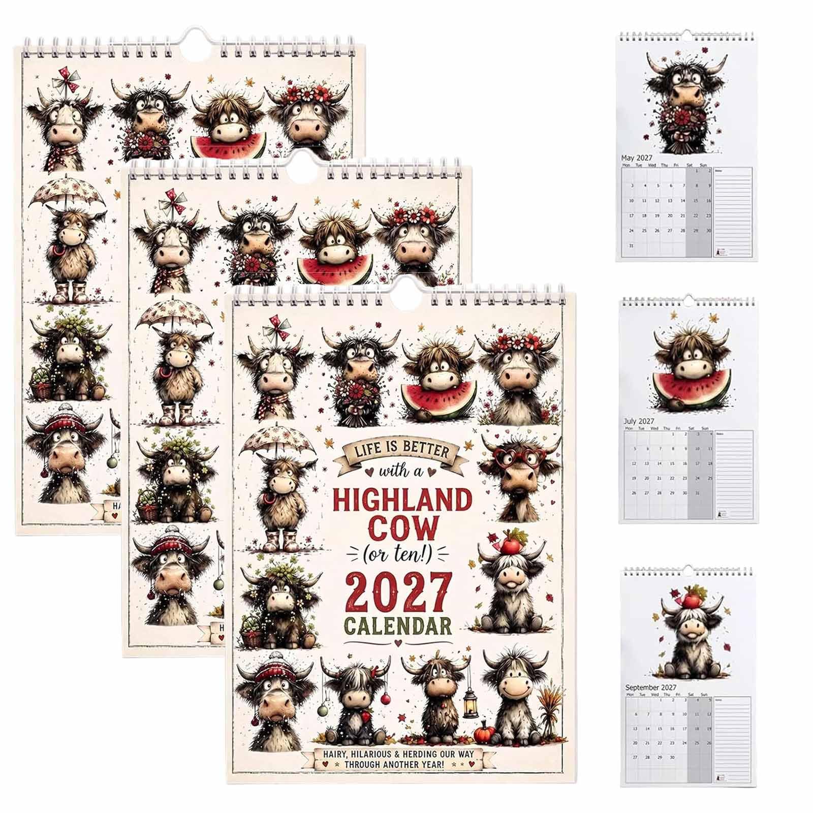 2027 Niedlicher Highland Cow Wandkalender mit Spiralbindung (3Stück) | 2027 Lustiger Highland-Kuh-Wandkalender, 12 monatliche Highland-Kuh-Designs für Kuhliebhaber