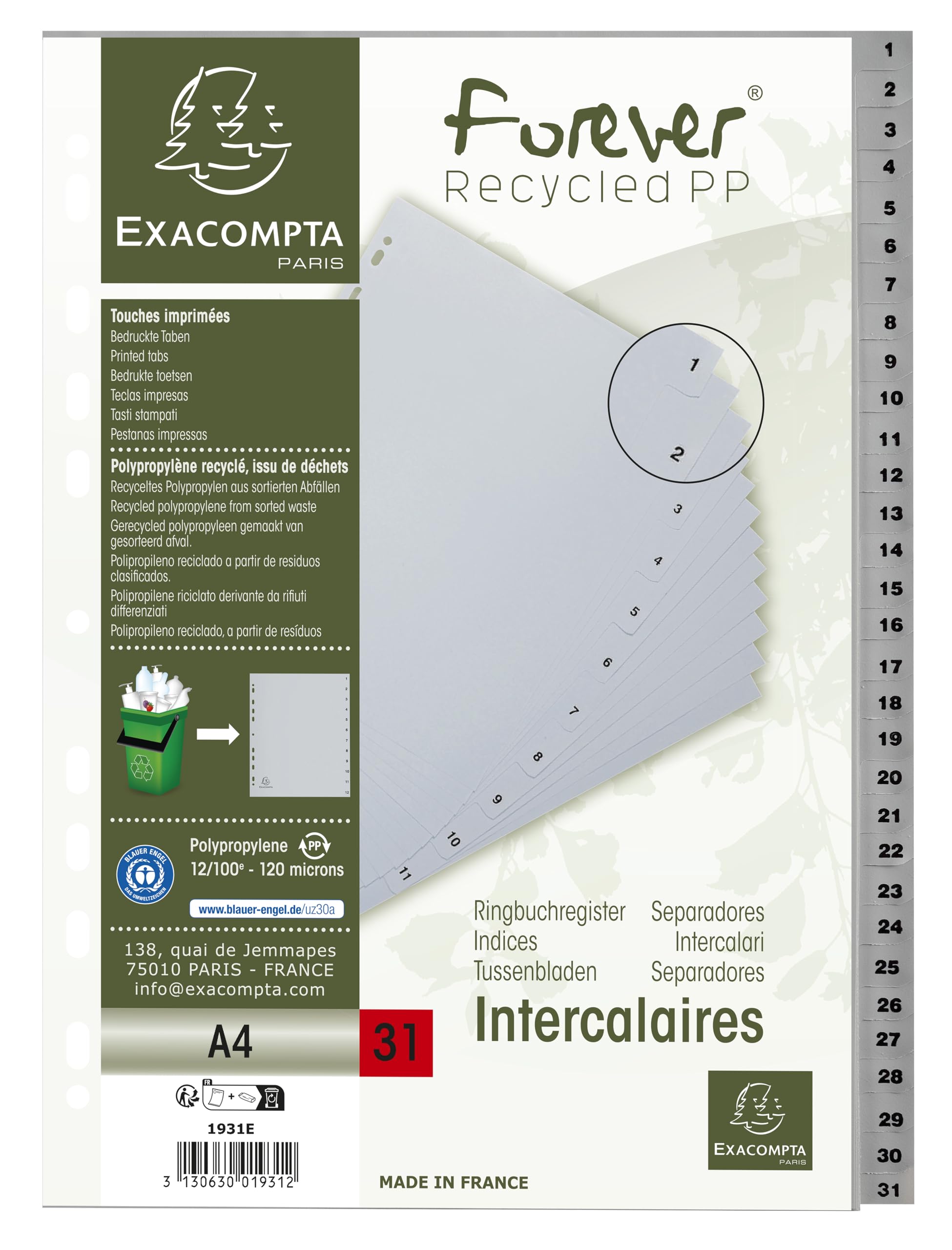 Exacompta - Rif. 1931E - Cartone da 20 divisori in polipropilene riciclato, con 31 linguette stampate digitali da 1 a 31, formato A4, dimensioni 22,5 x 29,7 cm, certificato angelo blu