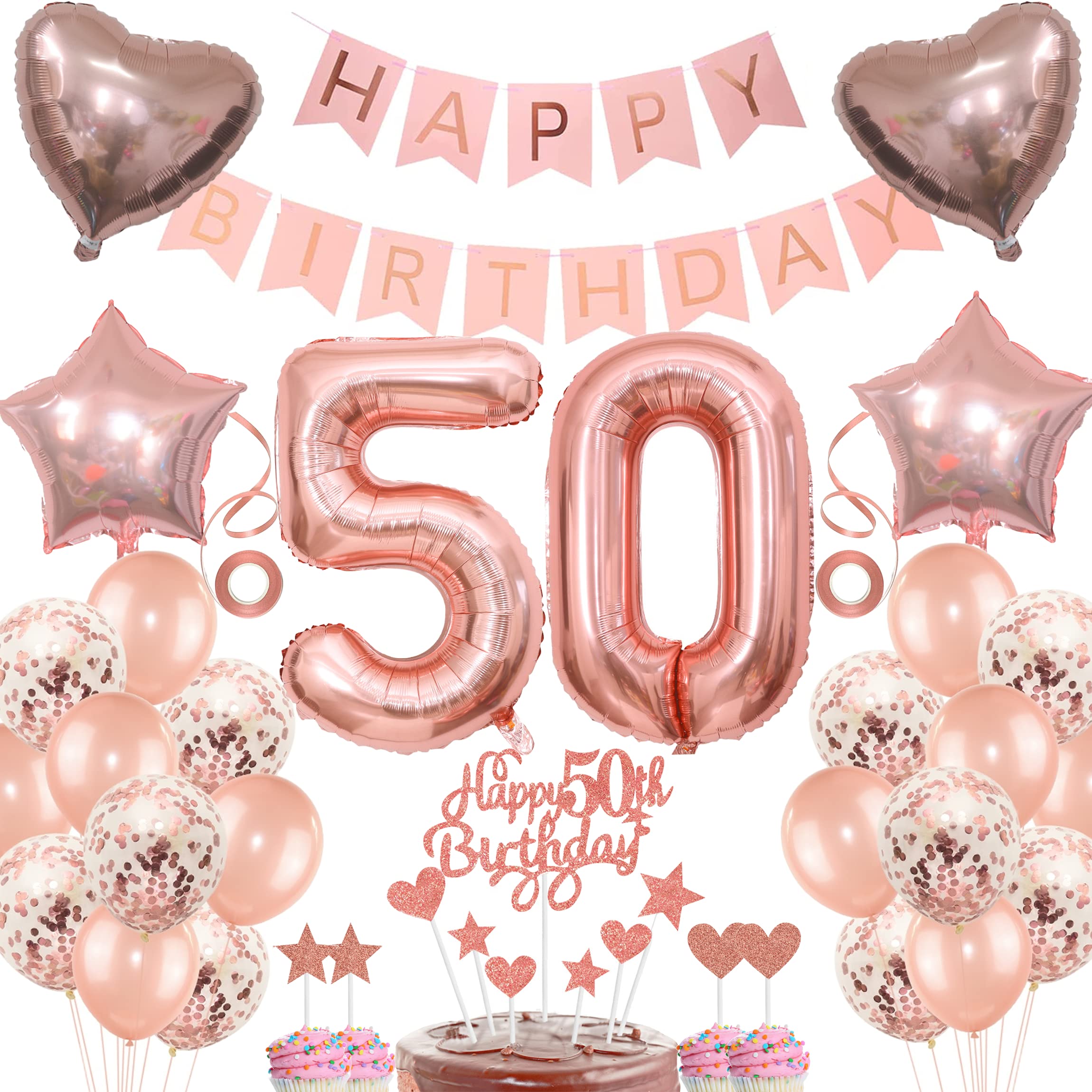 50th Birthday Rose Gold Women's Cake Topper Gift - Balloon Decoration Includes 50 Years Old Woman Figure — image 1