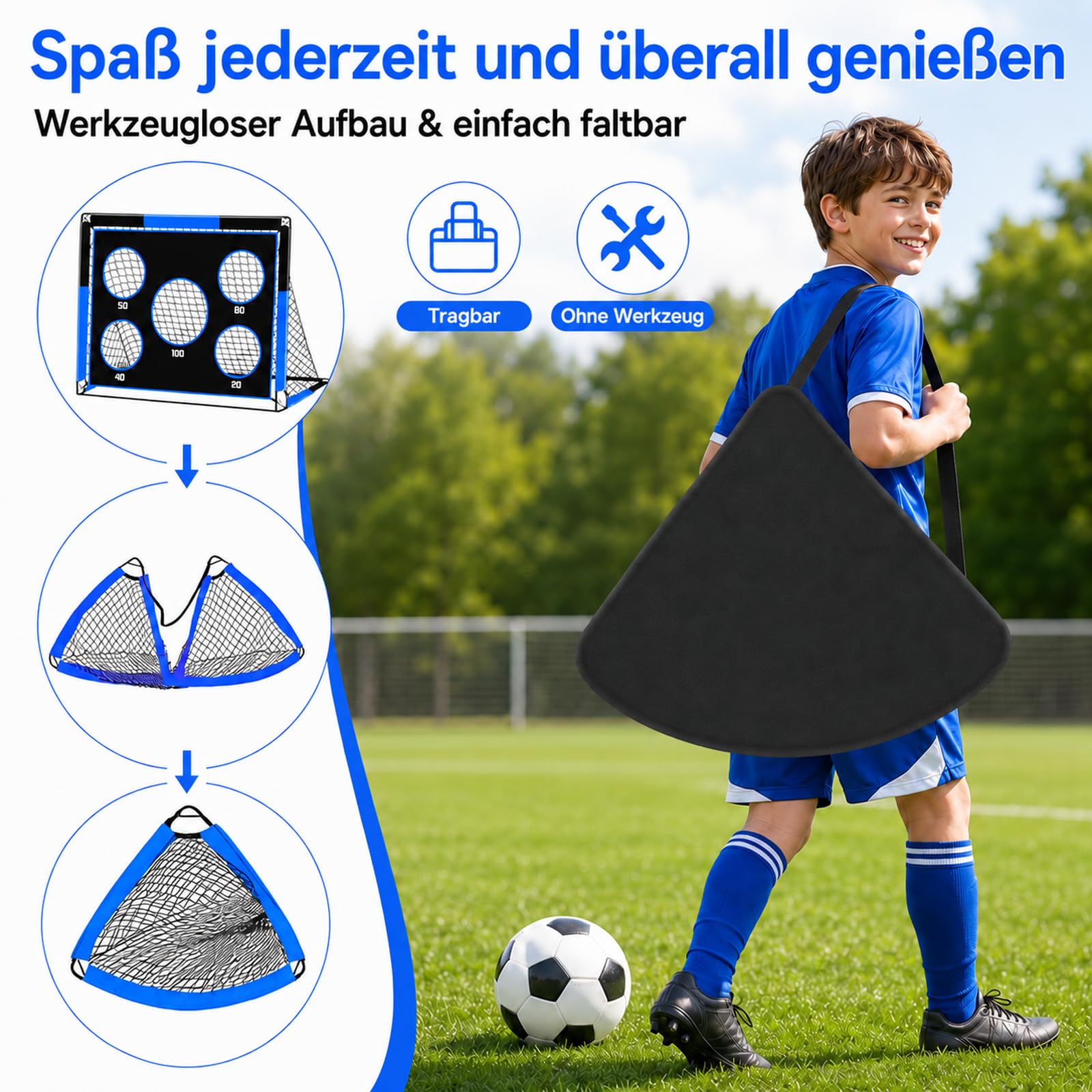 2-in-1 Fußballtor für Kinder, 150 * 120cm, Tragbares & Stabiles Fussballtore mit 5 Zielbereichen, 4 Erdanker und 1 Tragetasche, Stabil für Garten, Park, Strand