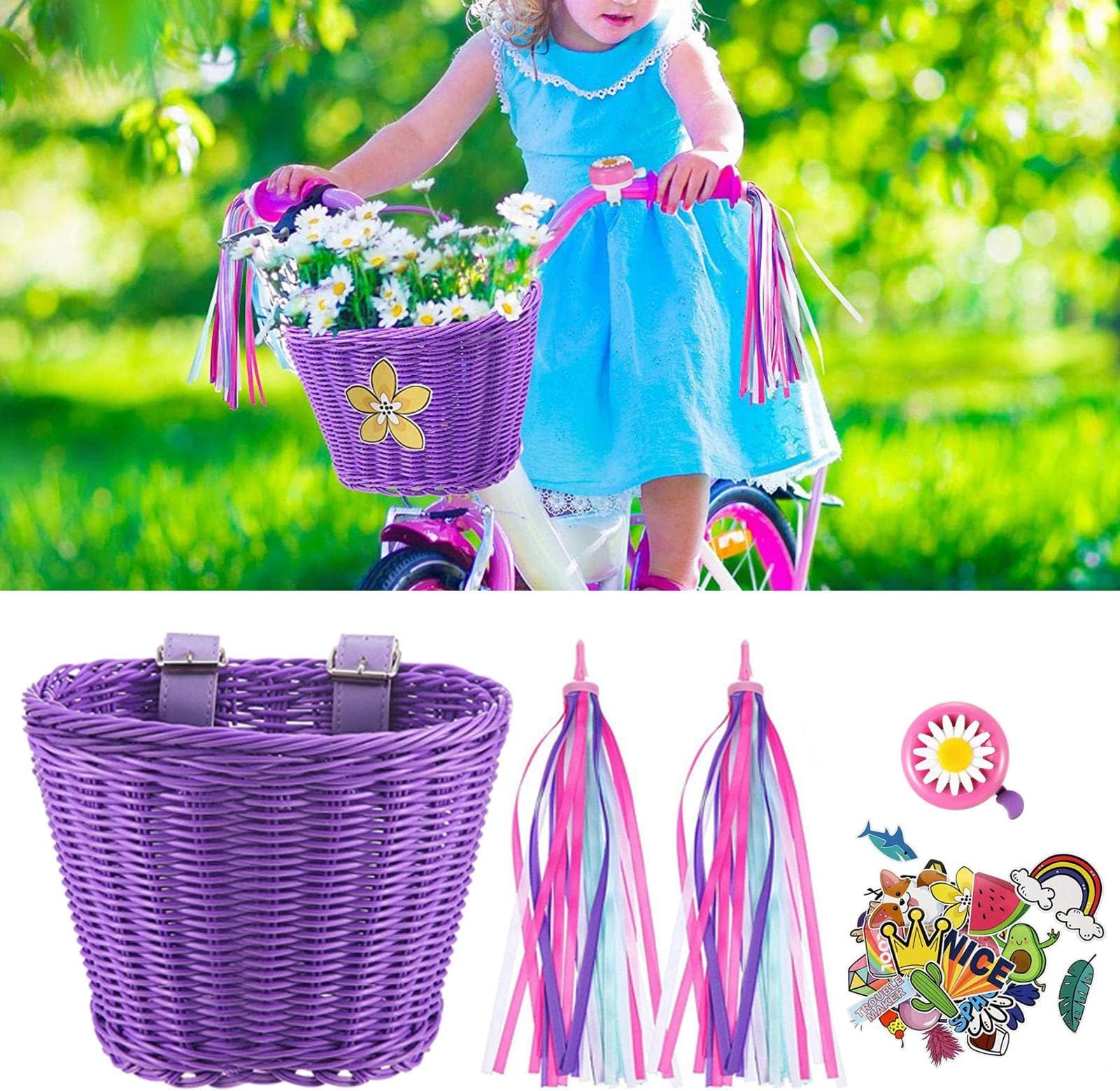 pologmase Kids Basket For Girls, Front Handlebar Kid's Basket, Purple Wicker Basket For Kids, Colorful Streamers Bell And Stickers For Kids Children Sets